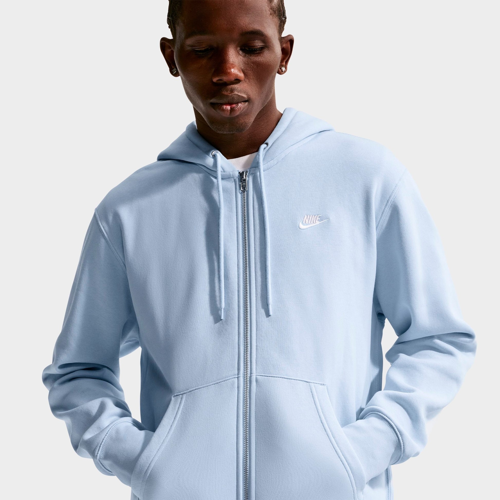 Men's Nike Club Fleece Embroidered Premium Full-Zip Hoodie - Hydrogen Blue/Hydrogen Blue/White