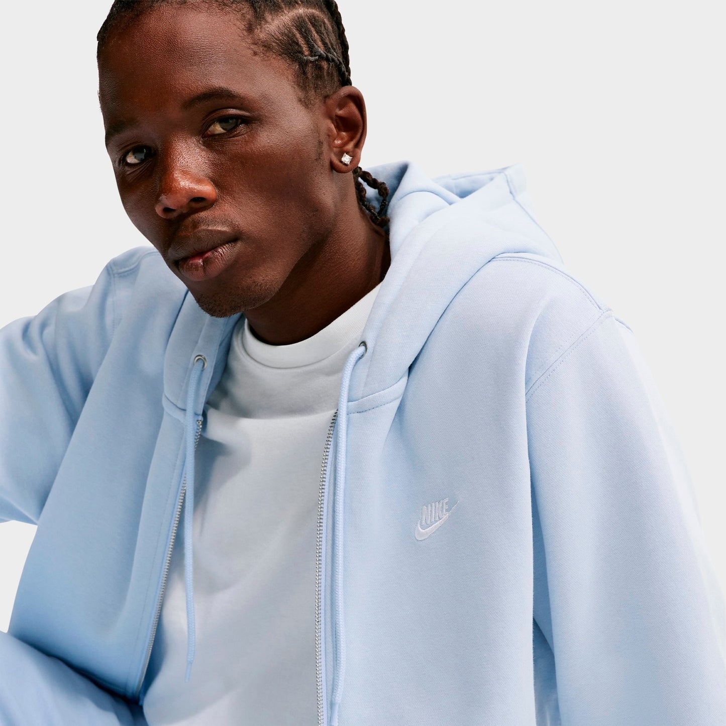 Men's Nike Club Fleece Embroidered Premium Full-Zip Hoodie - Hydrogen Blue/Hydrogen Blue/White