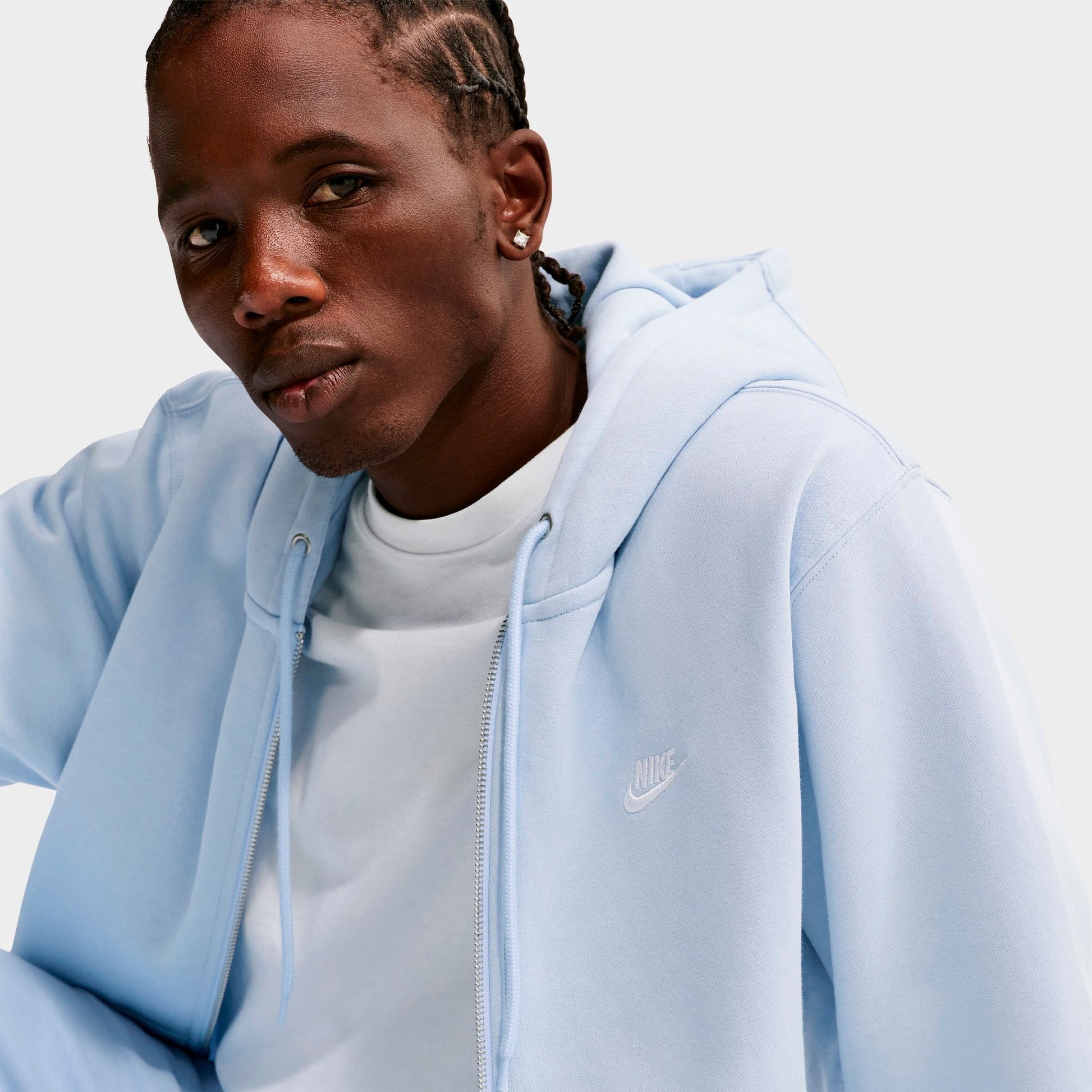 Men's Nike Club Fleece Embroidered Premium Full-Zip Hoodie - Hydrogen Blue/Hydrogen Blue/White
