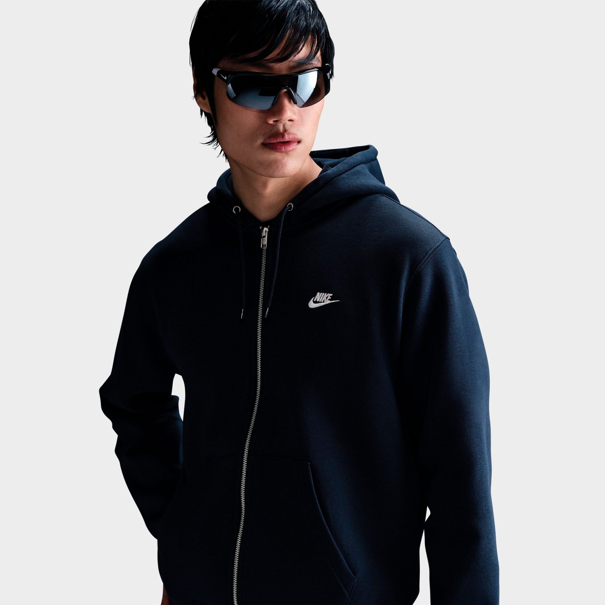 Men's Nike Club Fleece Embroidered Premium Full-Zip Hoodie - Obsidian/Obsidian/White