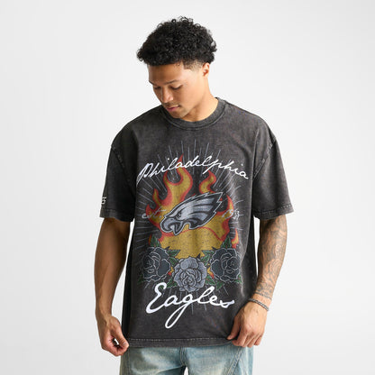 Men's Pro Standard Philadelphia Eagles NFL Fire And Roses Graphic T-Shirt - Washed Black