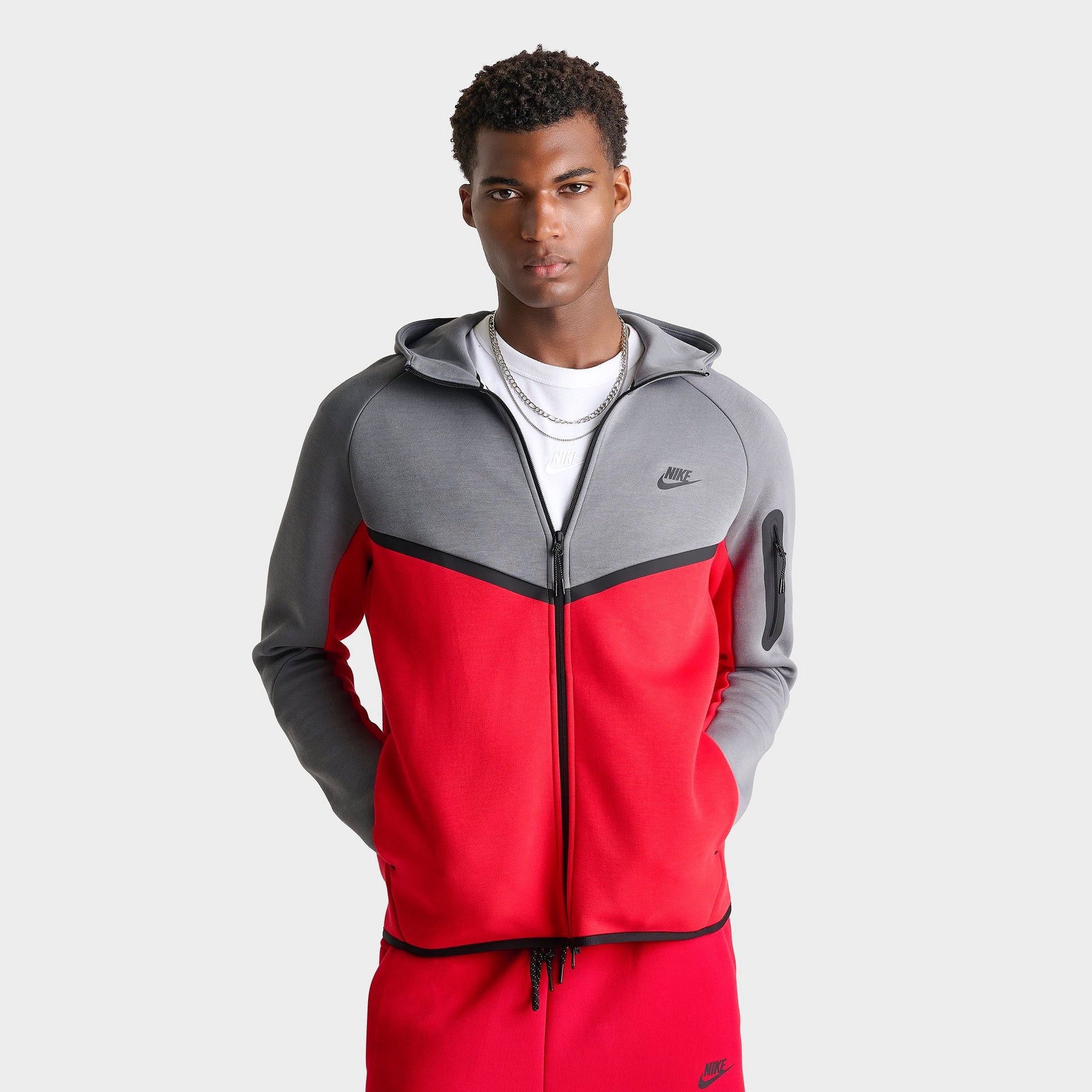 Men's Nike Tech Fleece Windrunner Full-Zip Hoodie - Smoke Grey/Fire Red