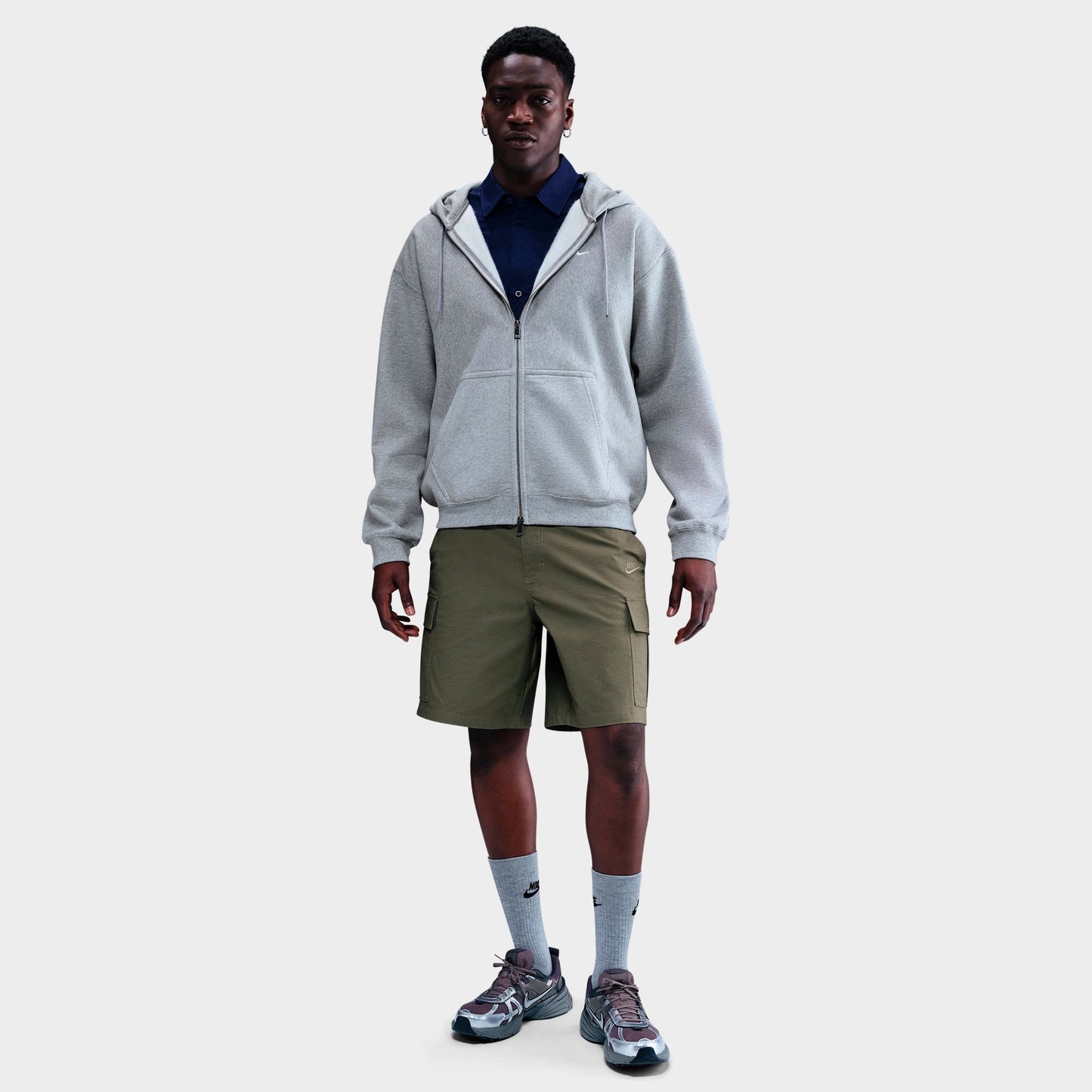 Men's Nike Solo Swoosh Fleece Full-Zip Hoodie - Dark Grey Heather/Light Smoke Grey/White