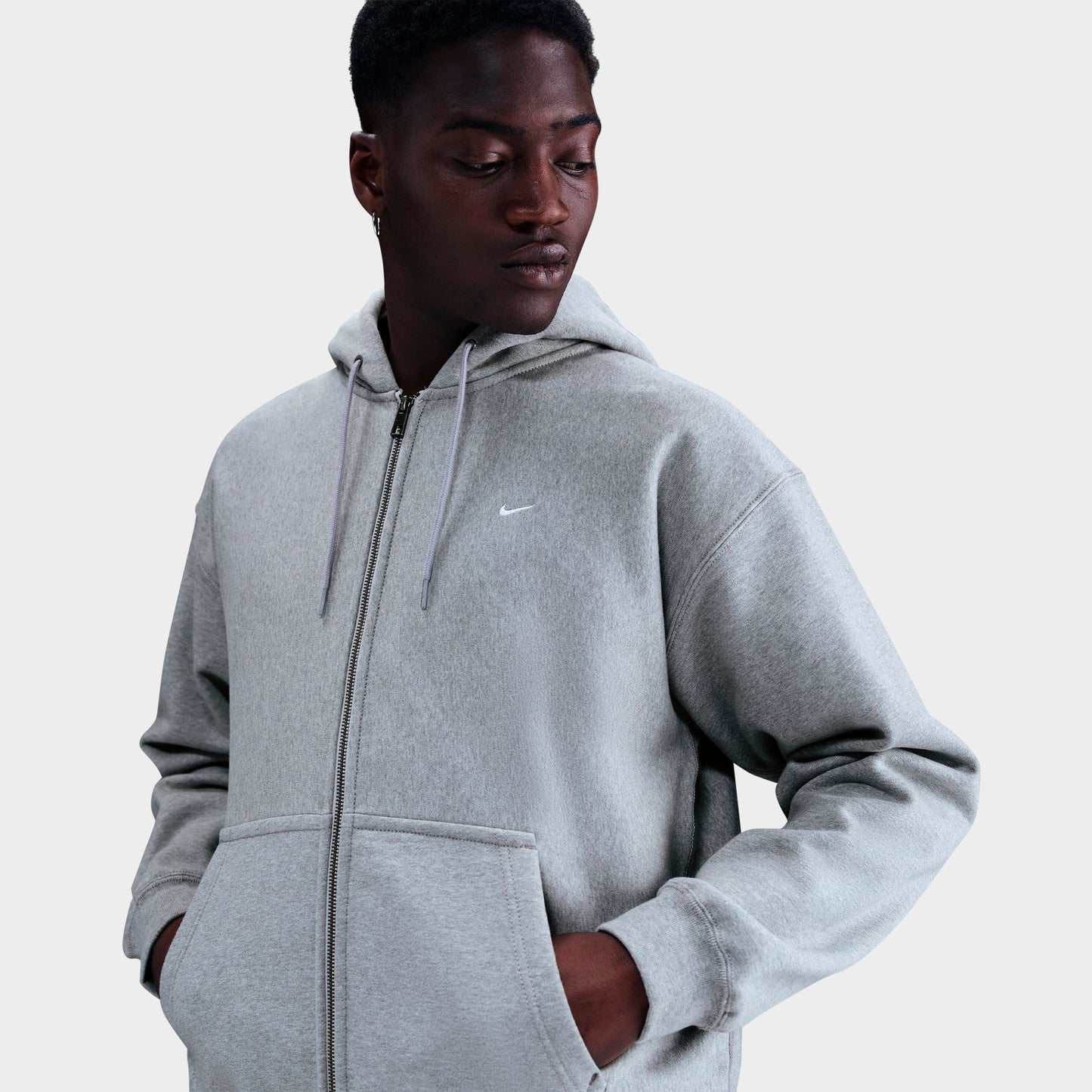 Men's Nike Solo Swoosh Fleece Full-Zip Hoodie - Dark Grey Heather/Light Smoke Grey/White