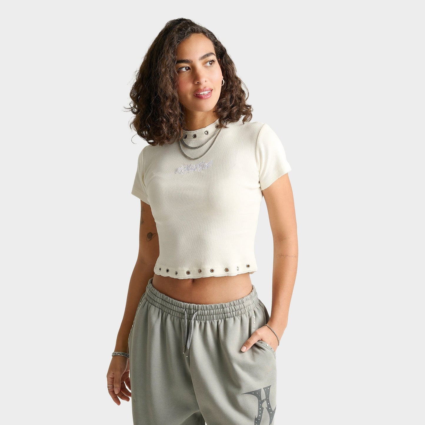 Women's Hoodrich Baya Eyelet Fitted Cropped T-Shirt - White Alyssum