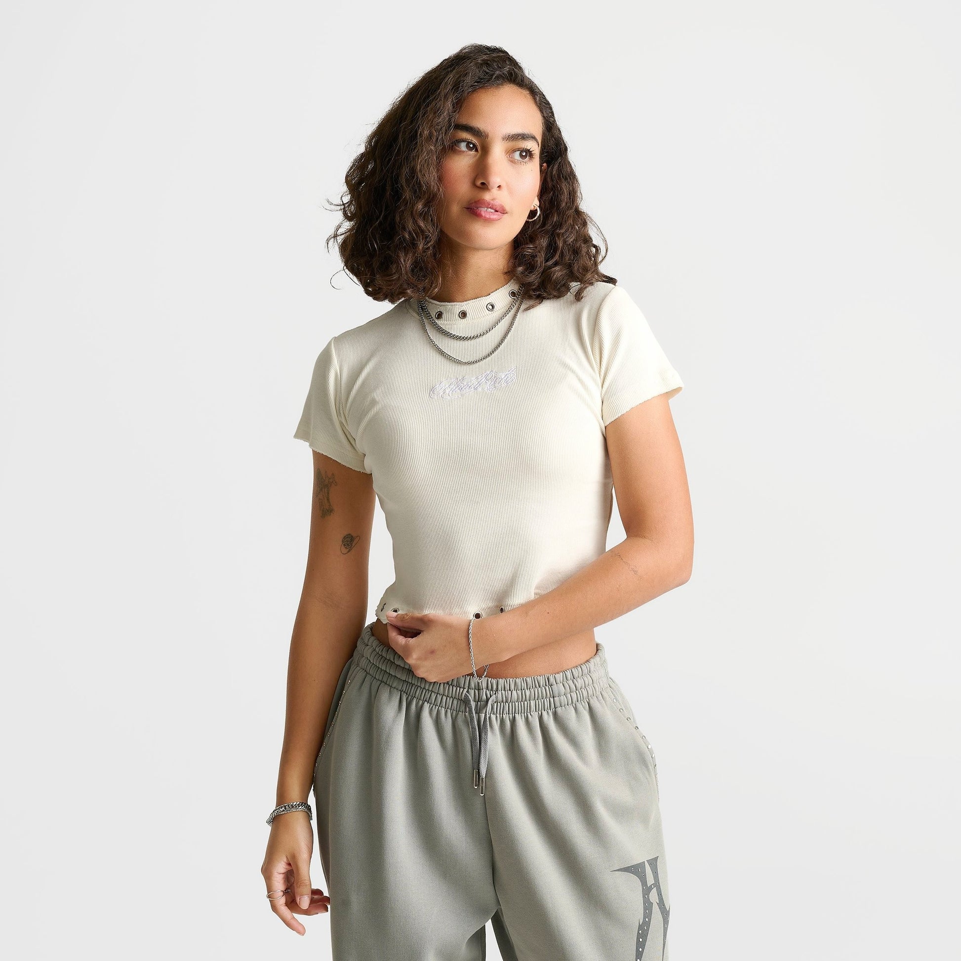Women's Hoodrich Baya Eyelet Fitted Cropped T-Shirt - White Alyssum