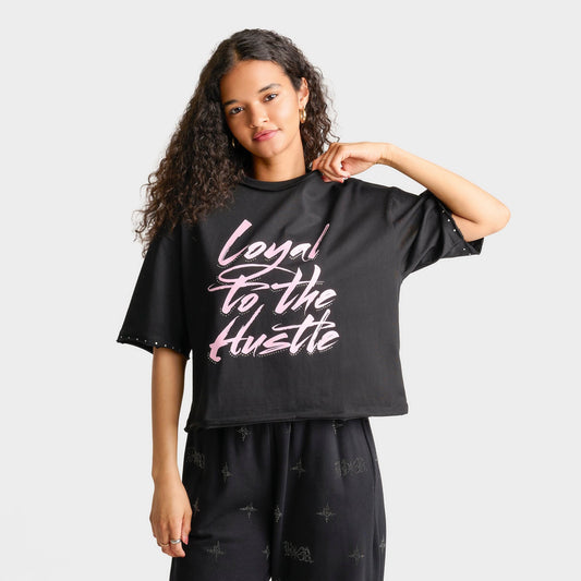 Women's Hoodrich Bling Studded Oversized Boxy T-Shirt - Washed Black