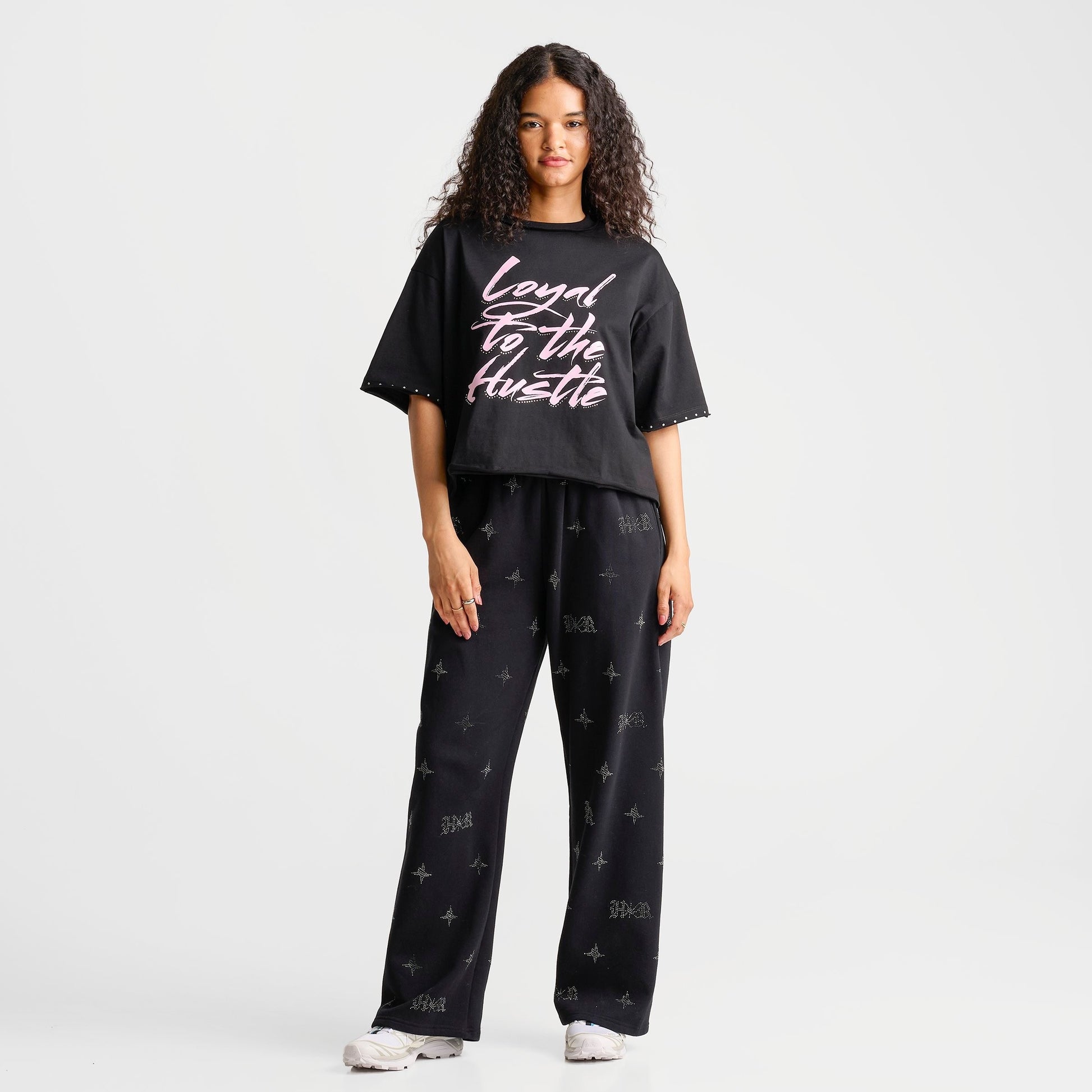Women's Hoodrich Bling Studded Oversized Boxy T-Shirt - Washed Black