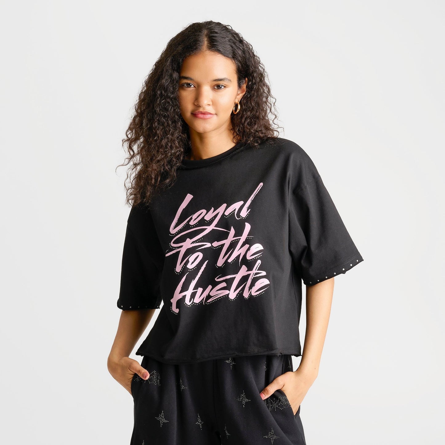 Women's Hoodrich Bling Studded Oversized Boxy T-Shirt - Washed Black