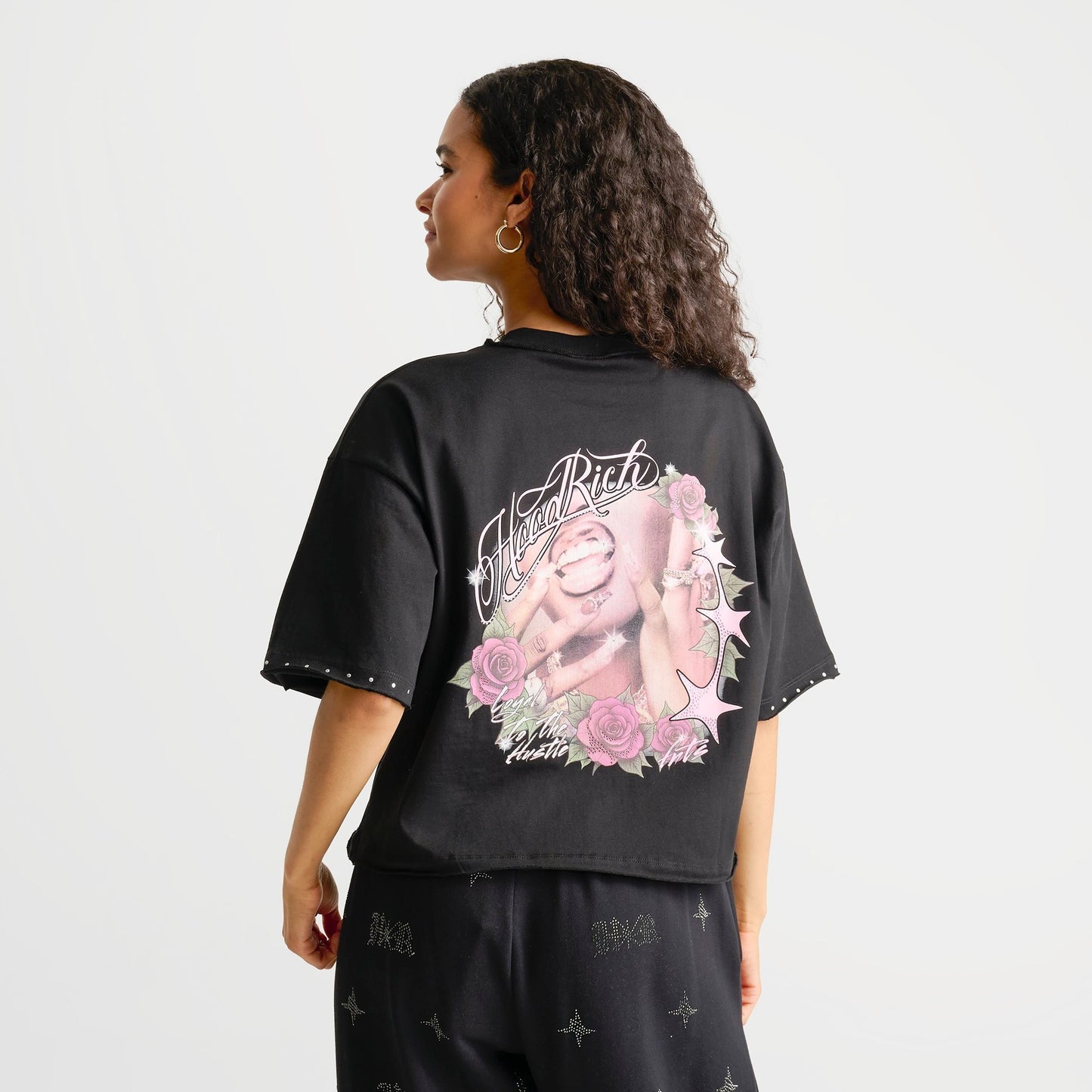 Women's Hoodrich Bling Studded Oversized Boxy T-Shirt - Washed Black