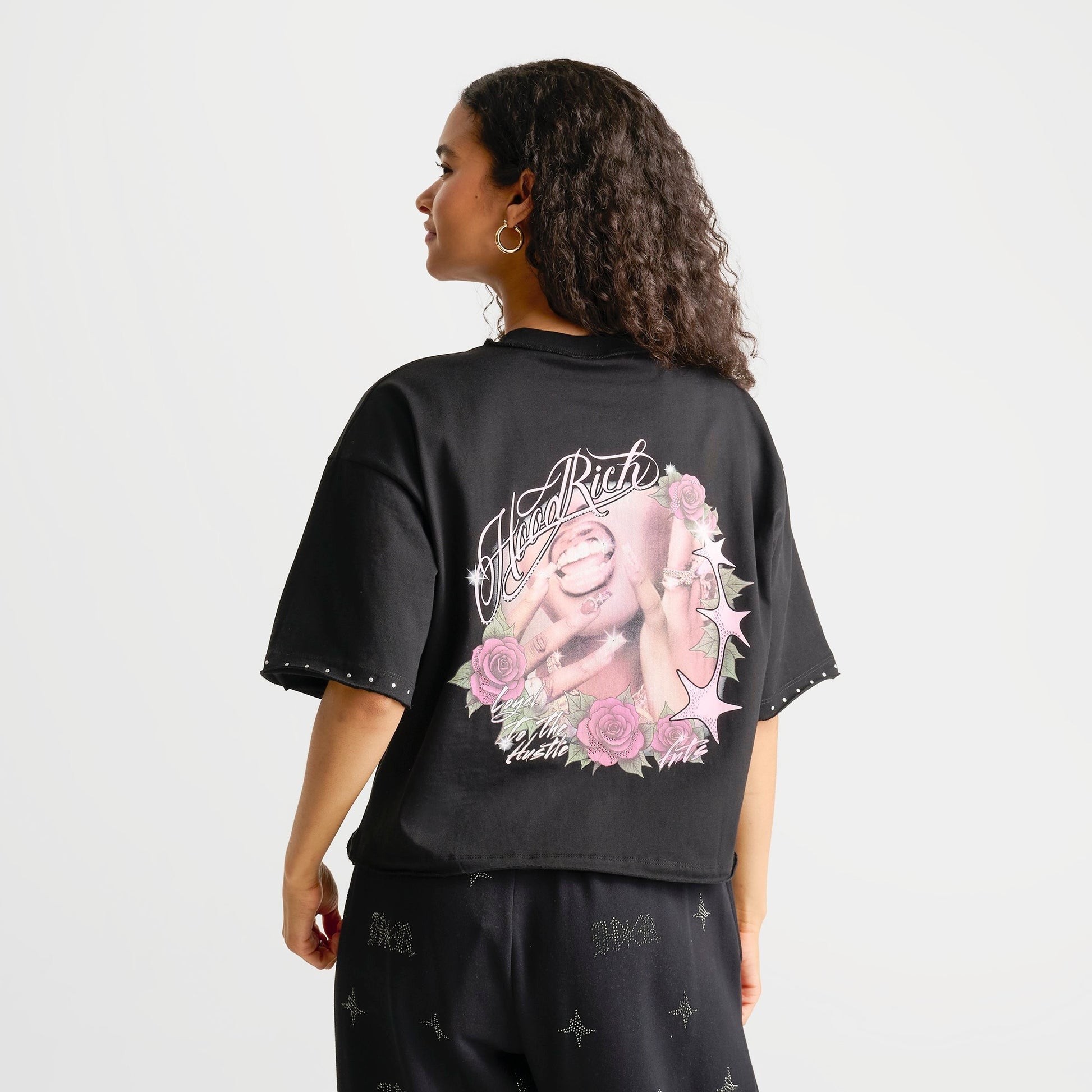 Women's Hoodrich Bling Studded Oversized Boxy T-Shirt - Washed Black