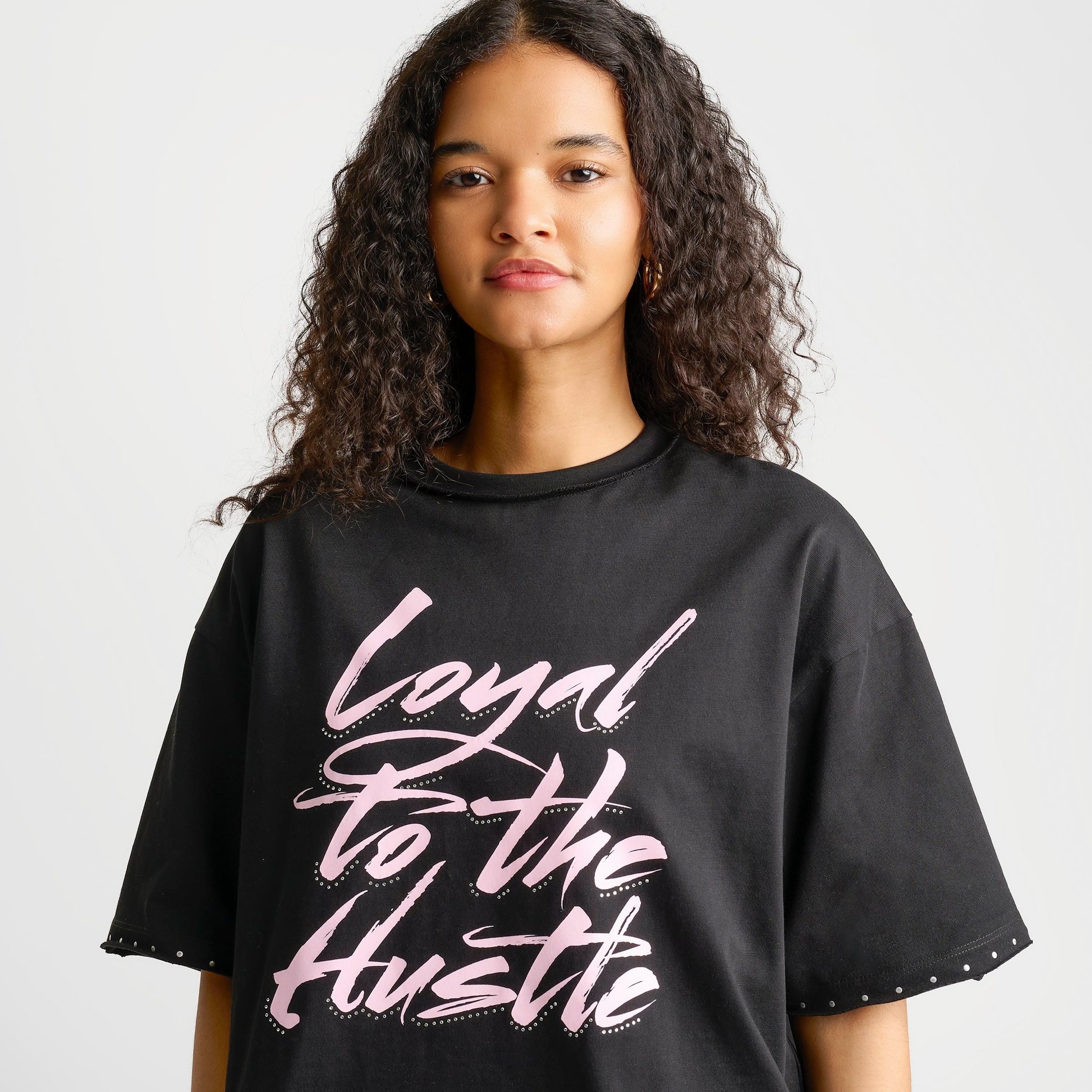 Women's Hoodrich Bling Studded Oversized Boxy T-Shirt - Washed Black
