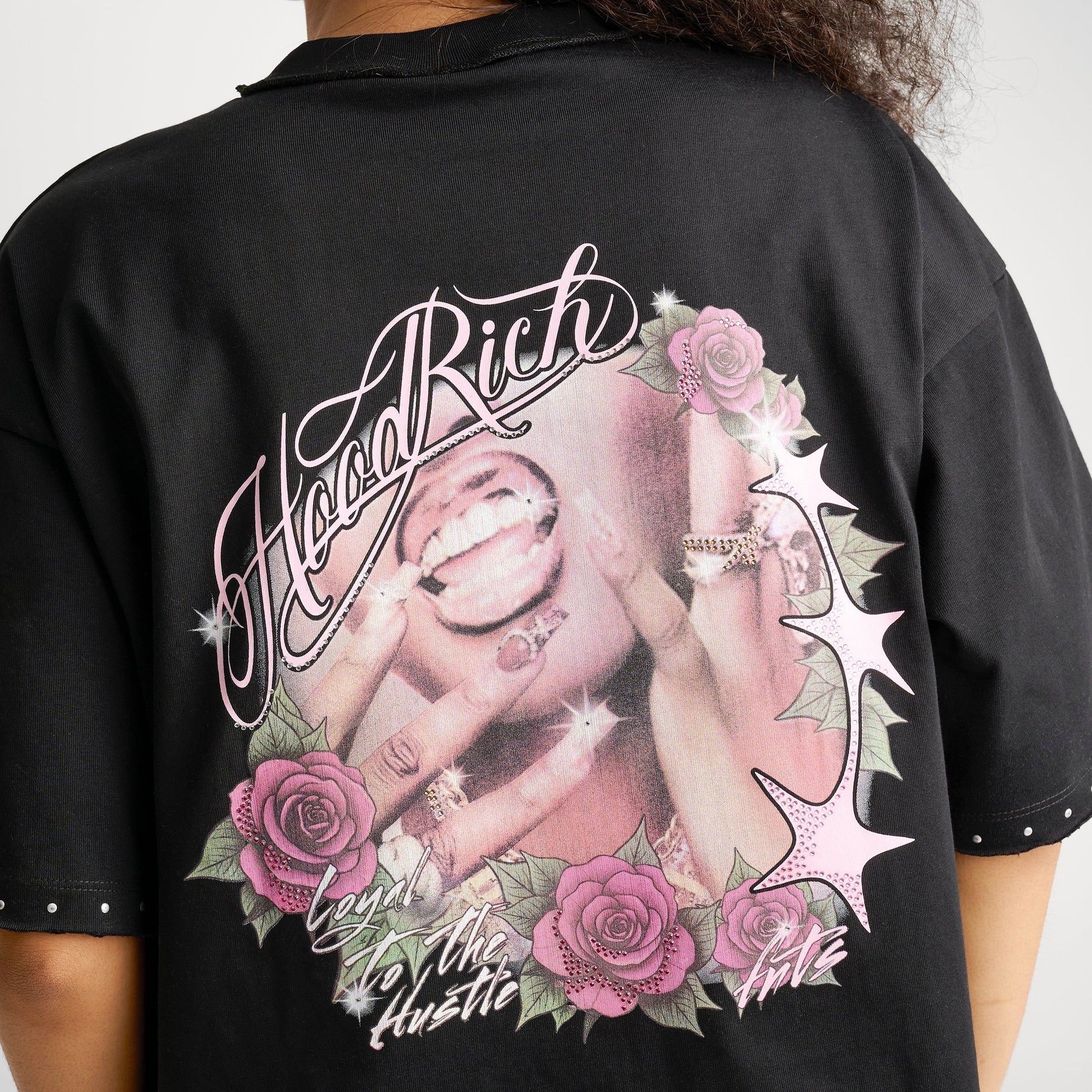 Women's Hoodrich Bling Studded Oversized Boxy T-Shirt - Washed Black