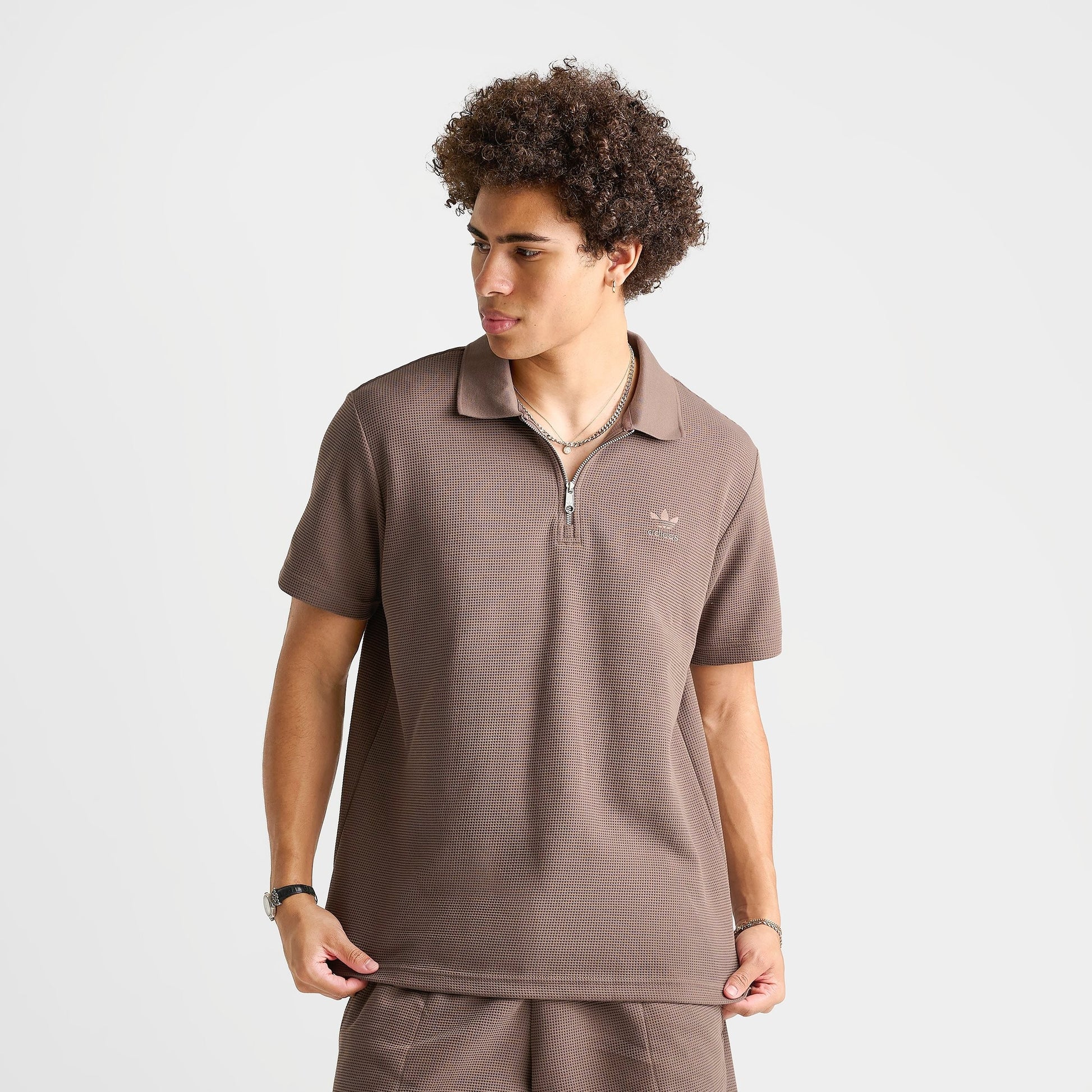 Men's adidas Originals Trefoil Essentials Waffle Polo Shirt - Earth Strata