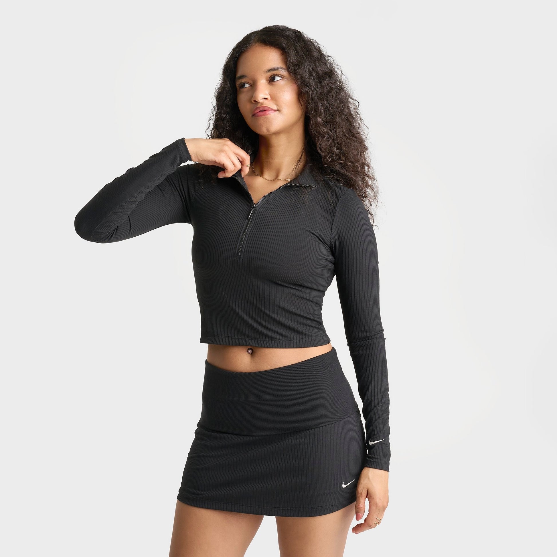 Women's Nike Sportswear Chill Knit Quarter-Zip Long-Sleeve Ribbed Top - Black/Sail
