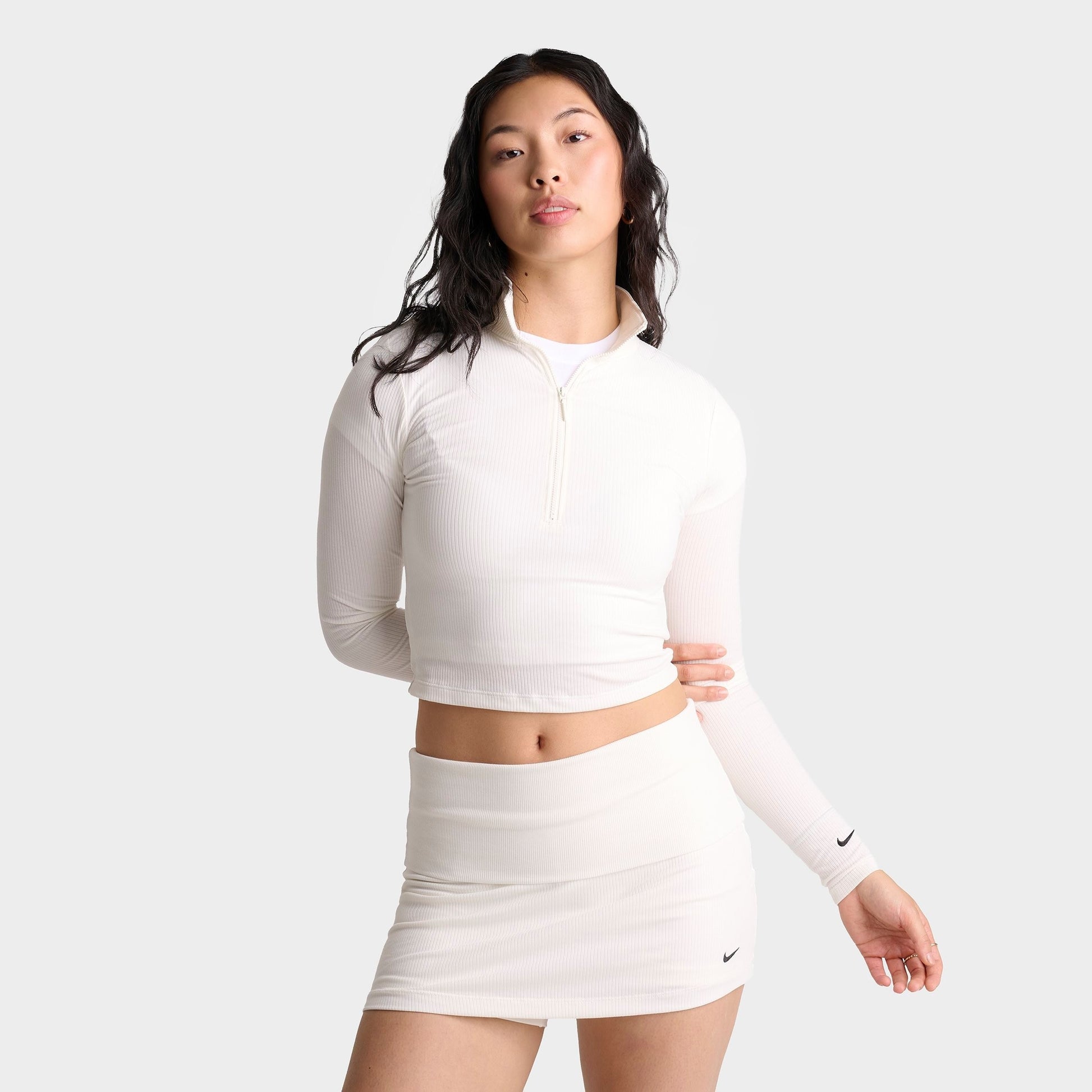 Women's Nike Sportswear Chill Knit Quarter-Zip Long-Sleeve Ribbed Top - Sail/Black