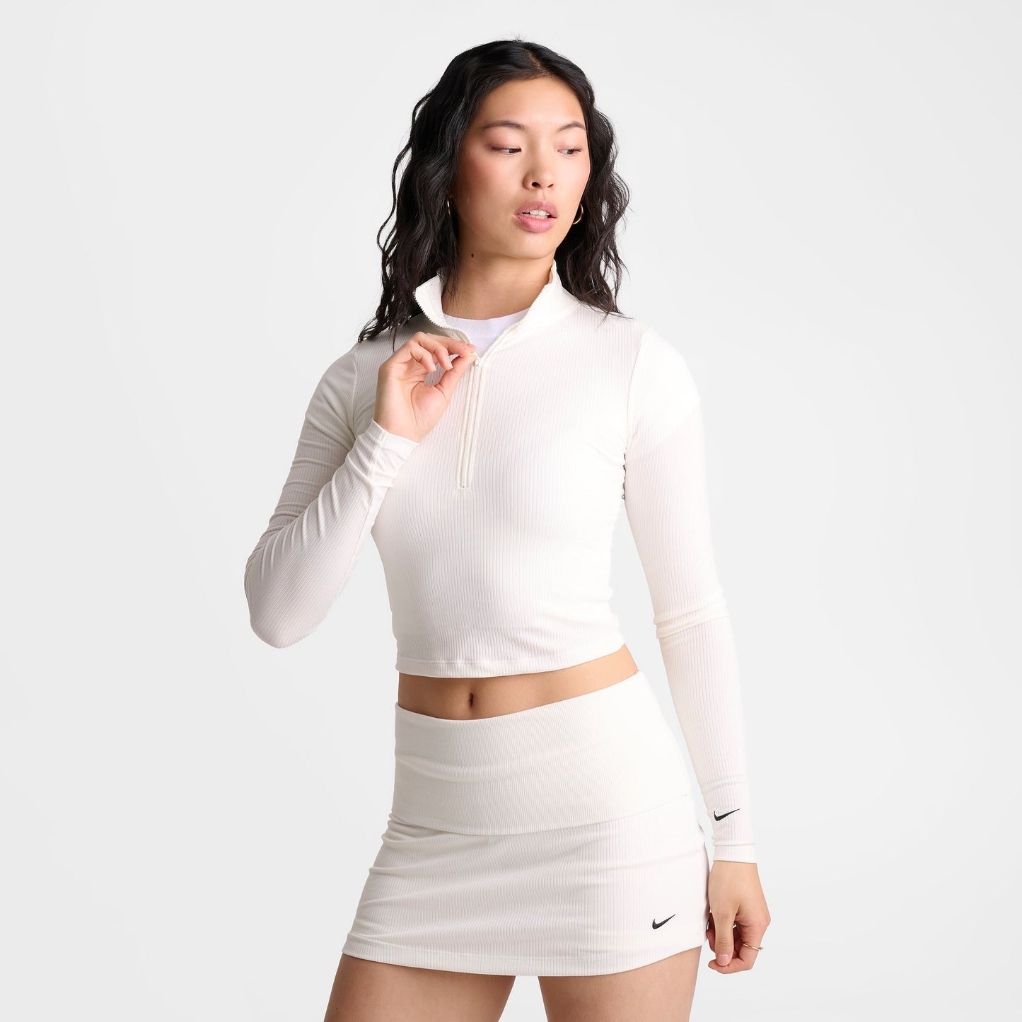 Women's Nike Sportswear Chill Knit Quarter-Zip Long-Sleeve Ribbed Top - Sail/Black