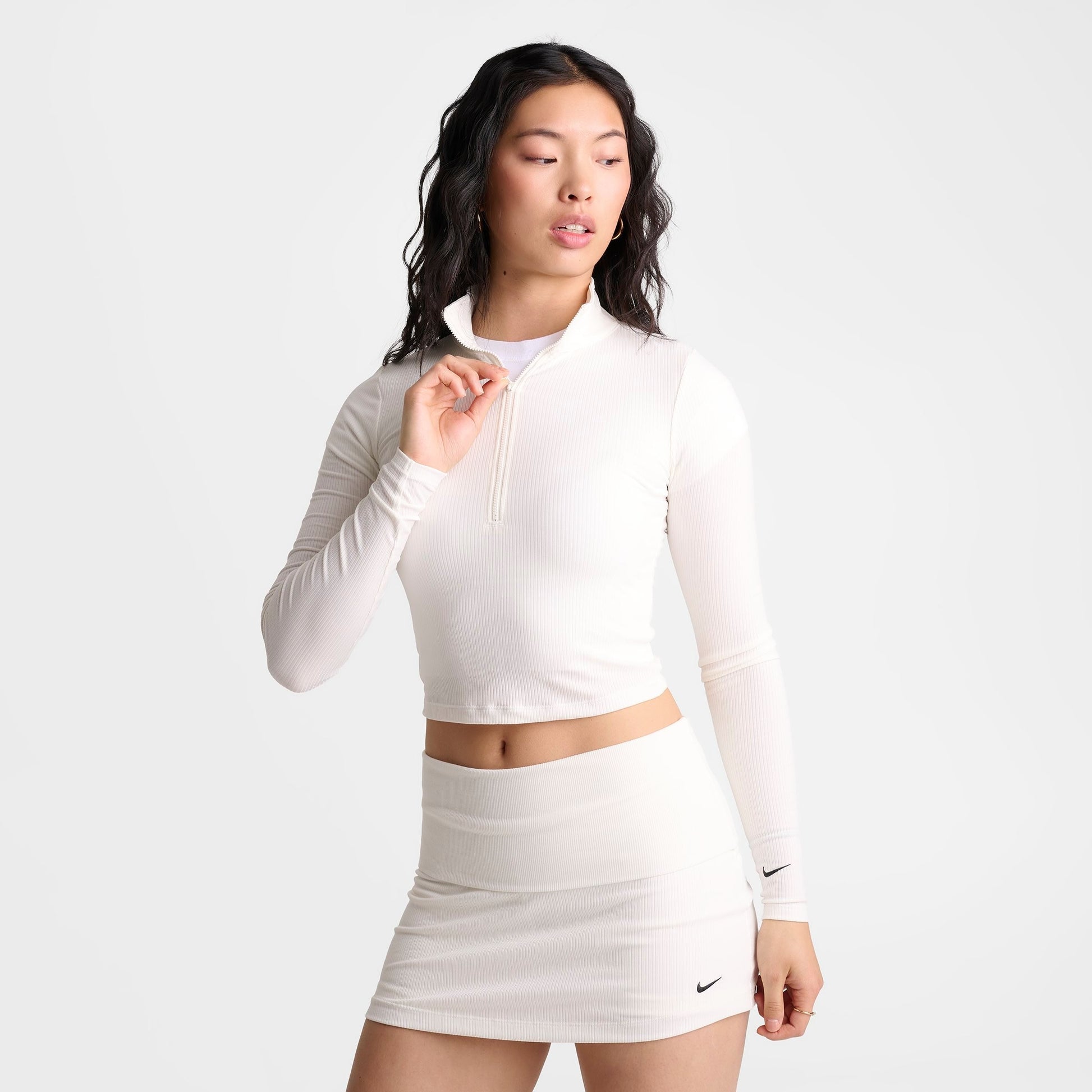 Women's Nike Sportswear Chill Knit Quarter-Zip Long-Sleeve Ribbed Top - Sail/Black