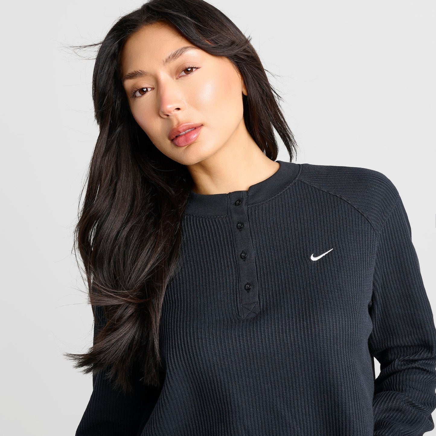 Women's Nike Sportswear Chill Waffle Oversized Long-Sleeve Henley Top - Black/Sail