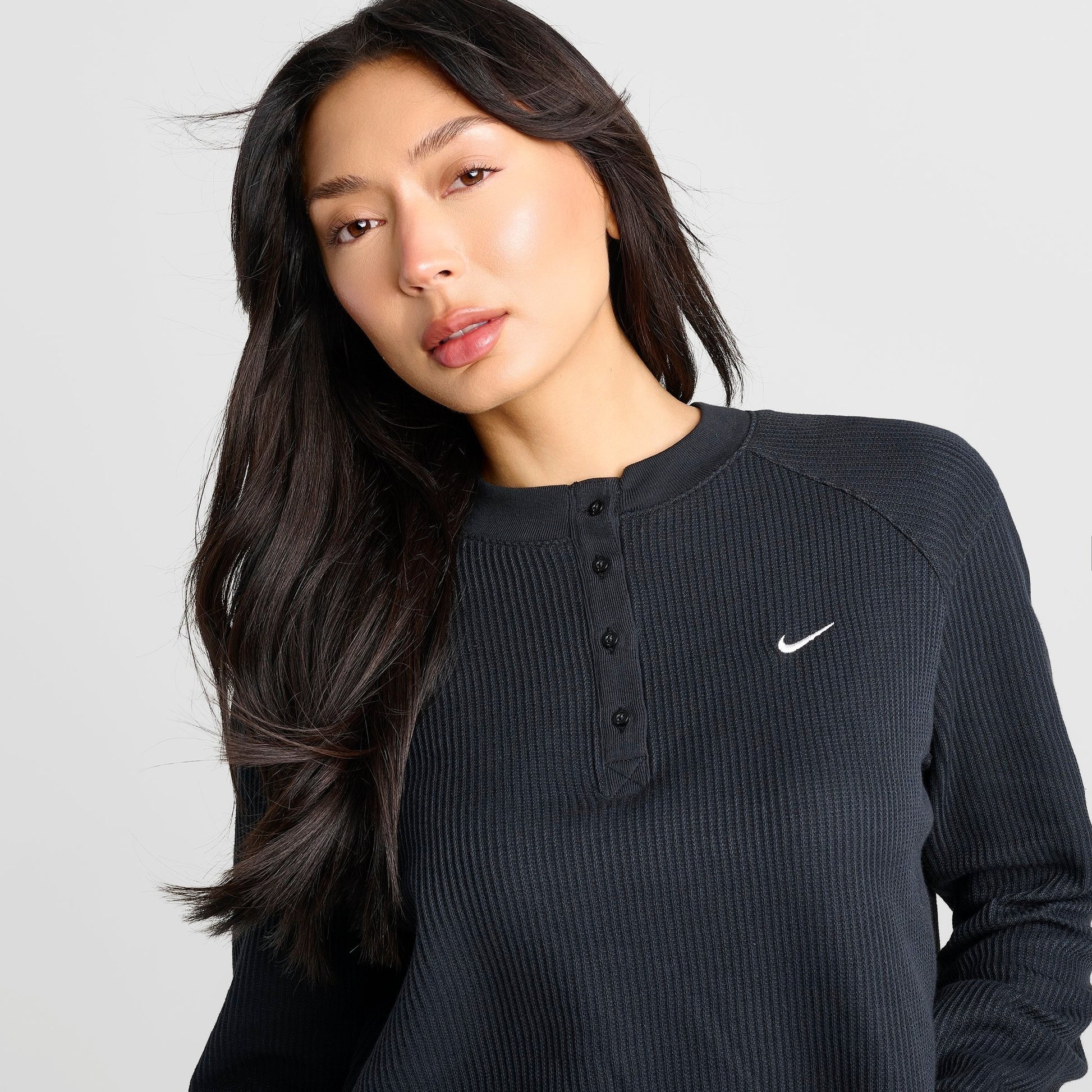 Women's Nike Sportswear Chill Waffle Oversized Long-Sleeve Henley Top - Black/Sail
