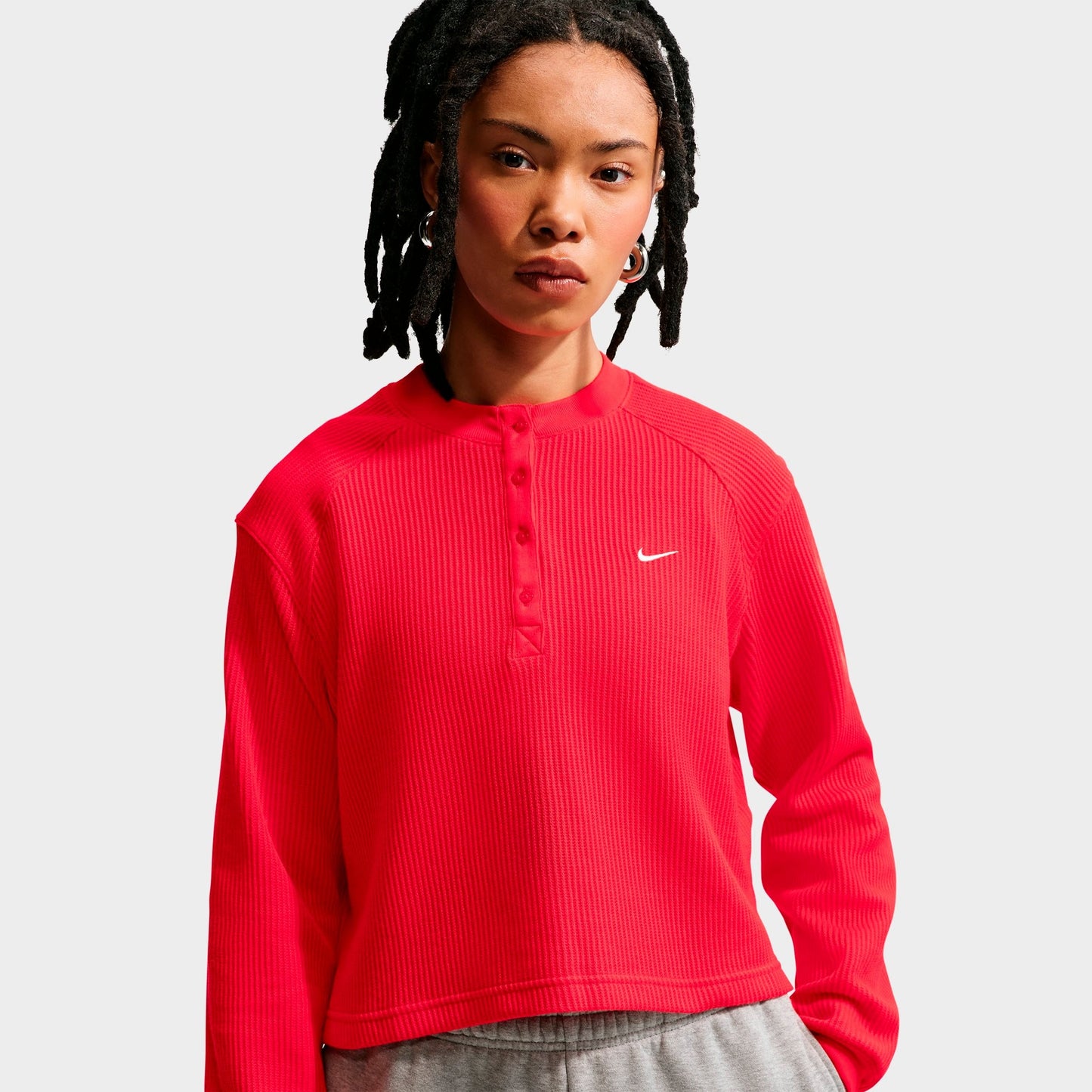 Women's Nike Sportswear Chill Waffle Oversized Long-Sleeve Henley Top - Light Crimson/Sail