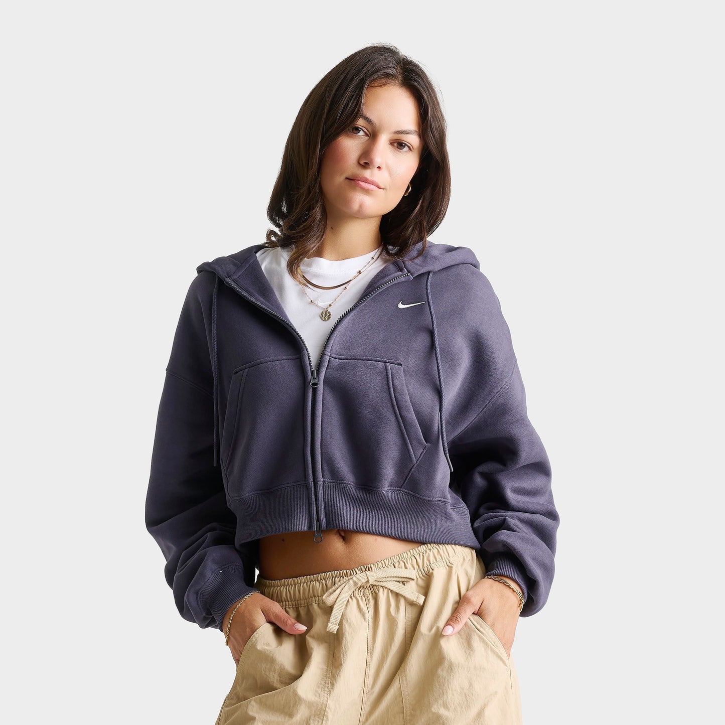 Women's Nike Studio Fleece Medium-Weight Oversized Cropped Full-Zip Hoodie - Gridiron/Sail