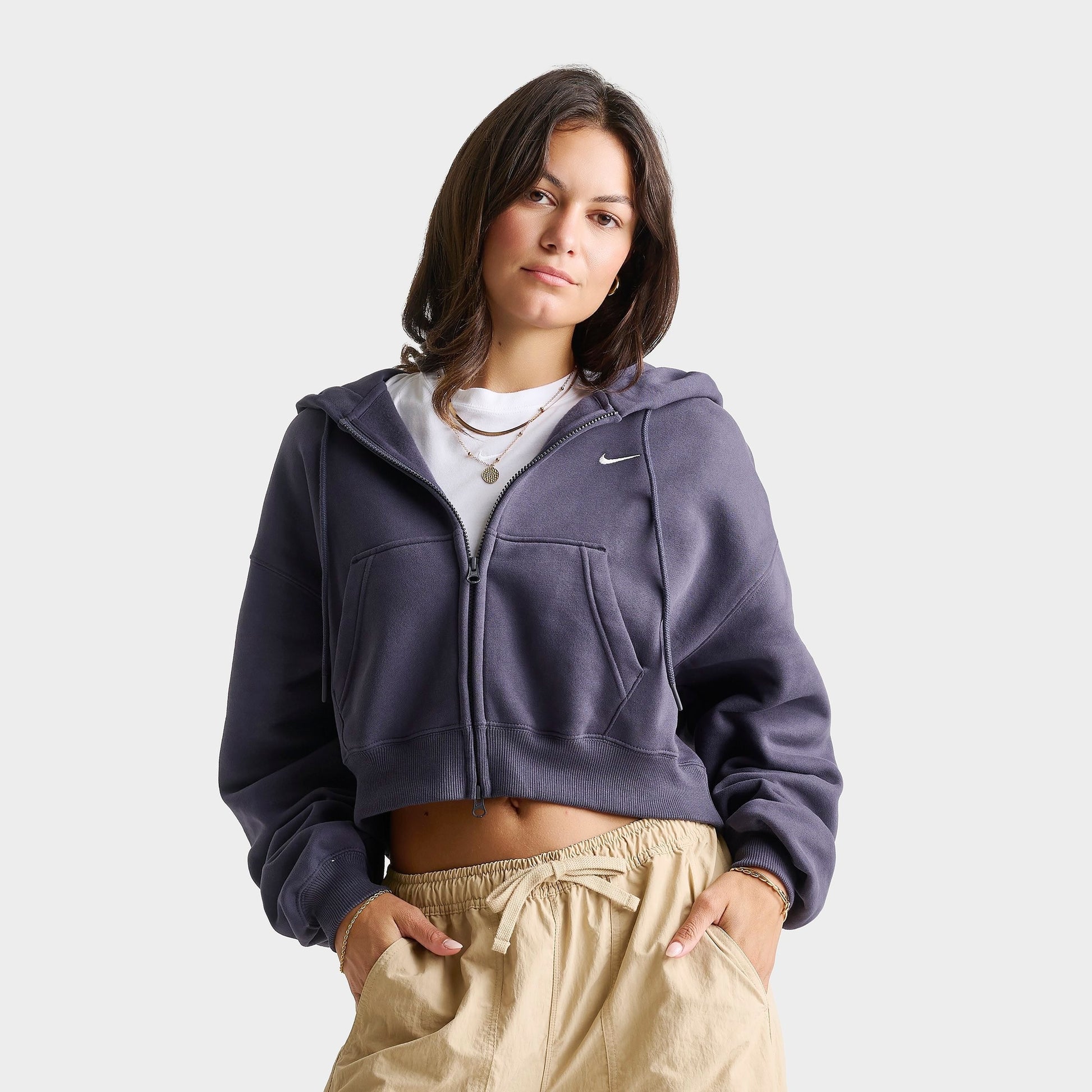 Women's Nike Studio Fleece Medium-Weight Oversized Cropped Full-Zip Hoodie - Gridiron/Sail