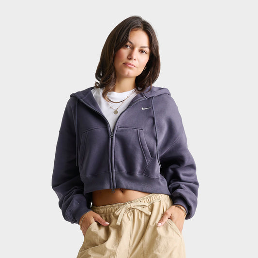 Women's Nike Studio Fleece Medium-Weight Oversized Cropped Full-Zip Hoodie - Gridiron/Sail