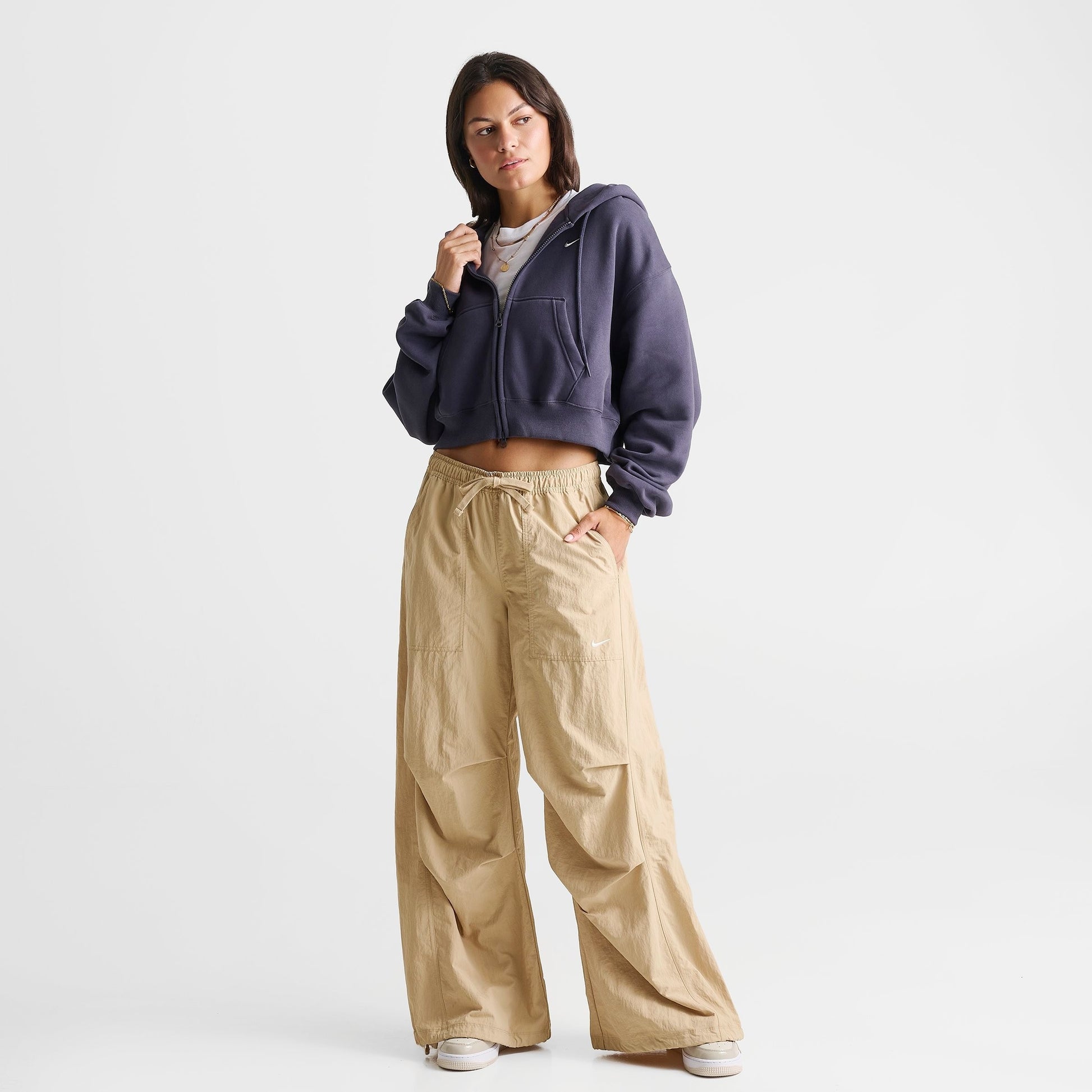 Women's Nike Studio Fleece Medium-Weight Oversized Cropped Full-Zip Hoodie - Gridiron/Sail