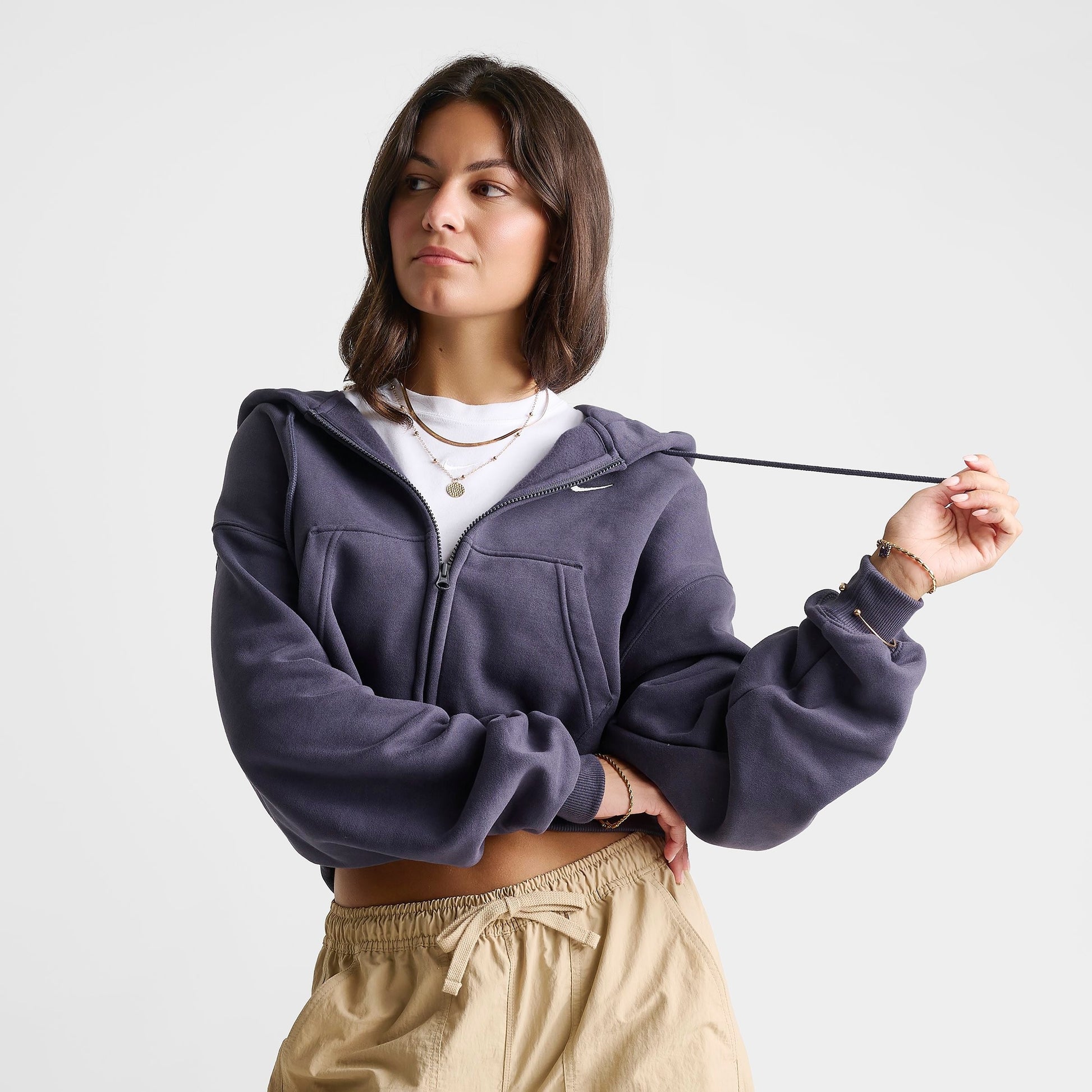 Women's Nike Studio Fleece Medium-Weight Oversized Cropped Full-Zip Hoodie - Gridiron/Sail