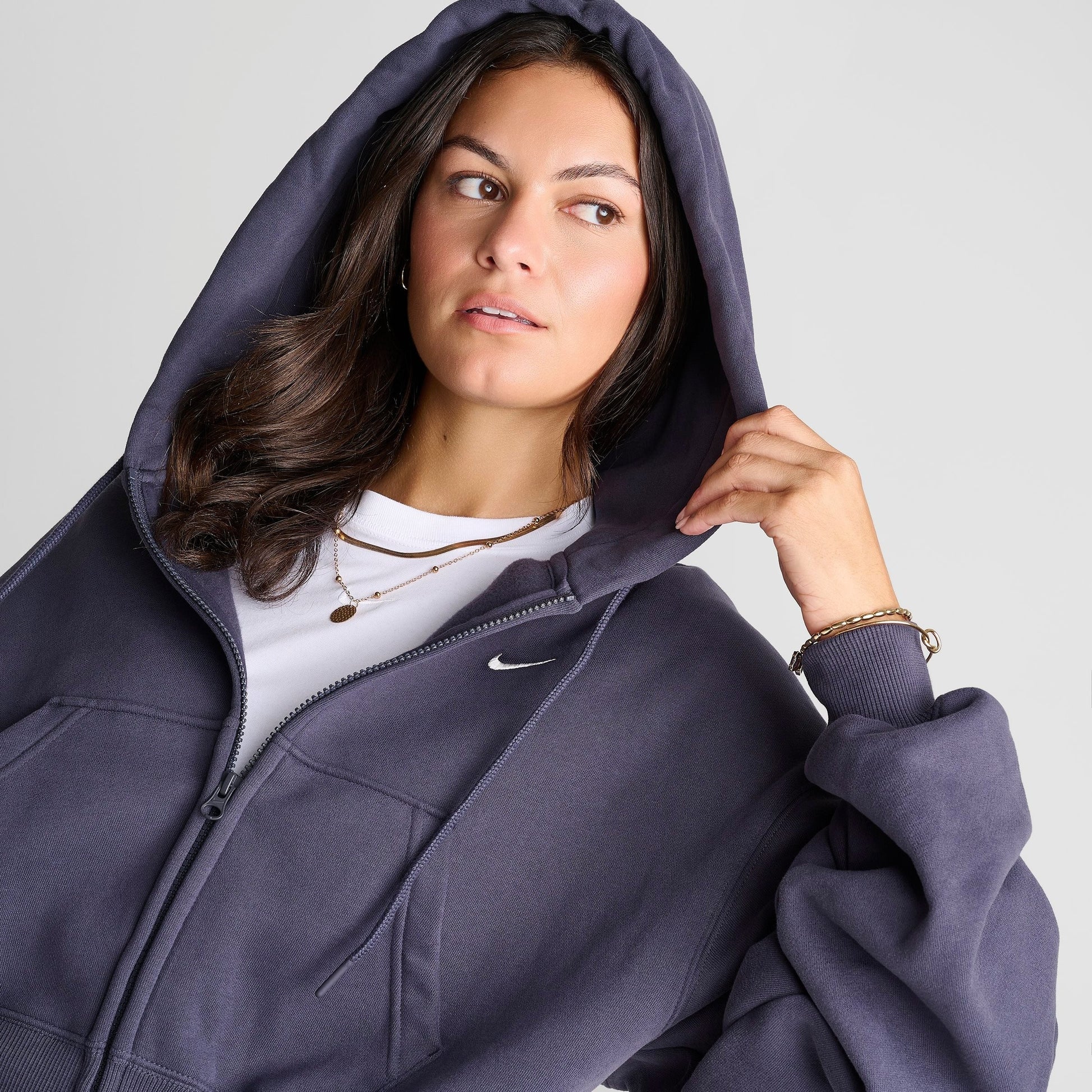 Women's Nike Studio Fleece Medium-Weight Oversized Cropped Full-Zip Hoodie - Gridiron/Sail