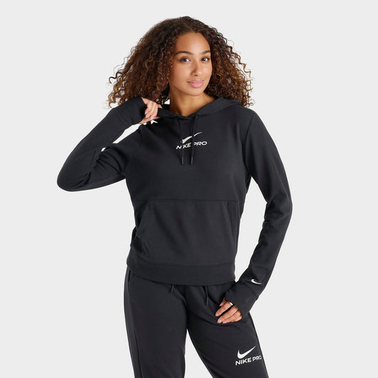 Women's Nike Pro Dri-FIT French Terry Pullover Hoodie - Black/White