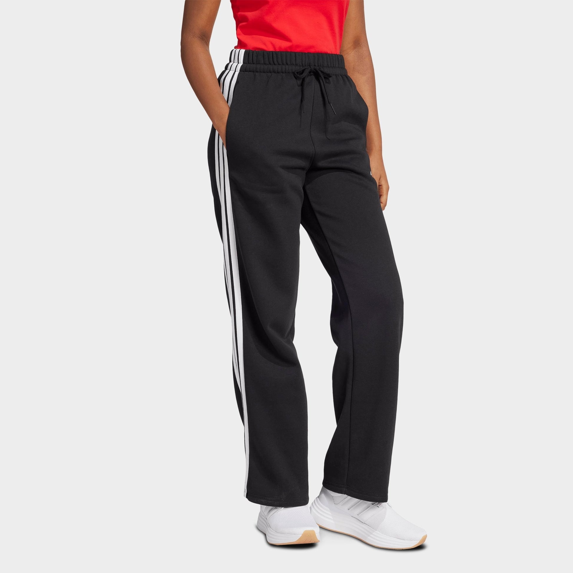 Women's adidas Essentials 3-Stripes Fleece Open Hem Pants - Black/White