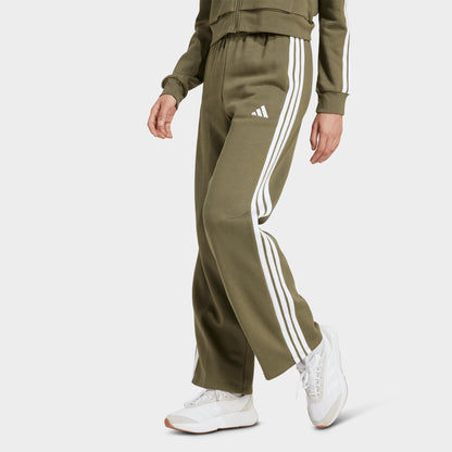 Women's adidas Essentials 3-Stripes Fleece Open Hem Pants - Olive Strata/White