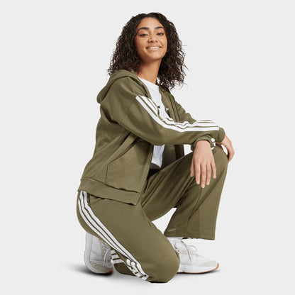 Women's adidas Essentials 3-Stripes Fleece Open Hem Pants - Olive Strata/White