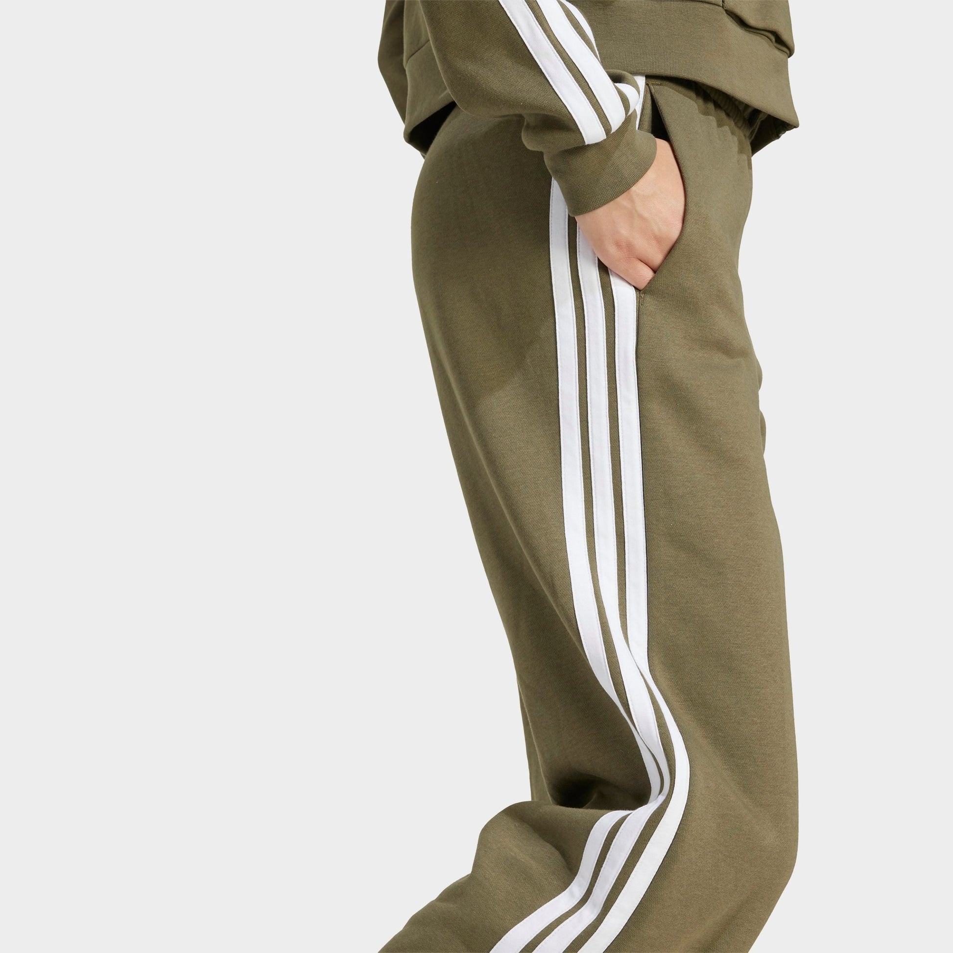 Women's adidas Essentials 3-Stripes Fleece Open Hem Pants - Olive Strata/White