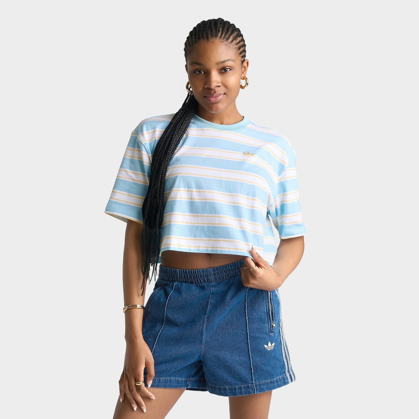 Women's adidas Originals Striped Oversized Cropped T-Shirt - Icey Blue/Orange Tint