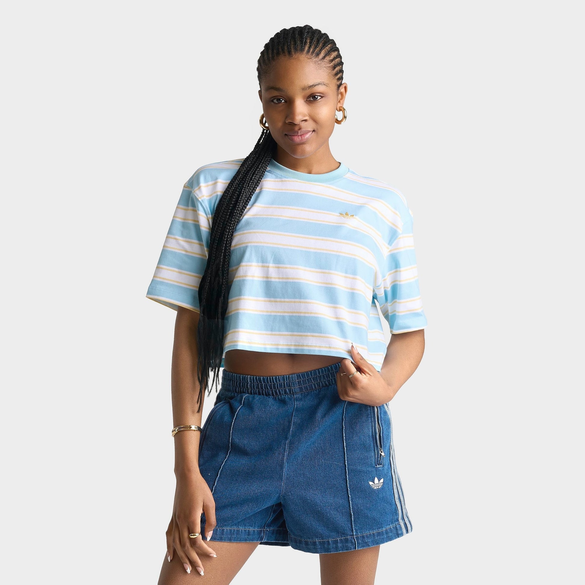 Women's adidas Originals Striped Oversized Cropped T-Shirt - Icey Blue/Orange Tint