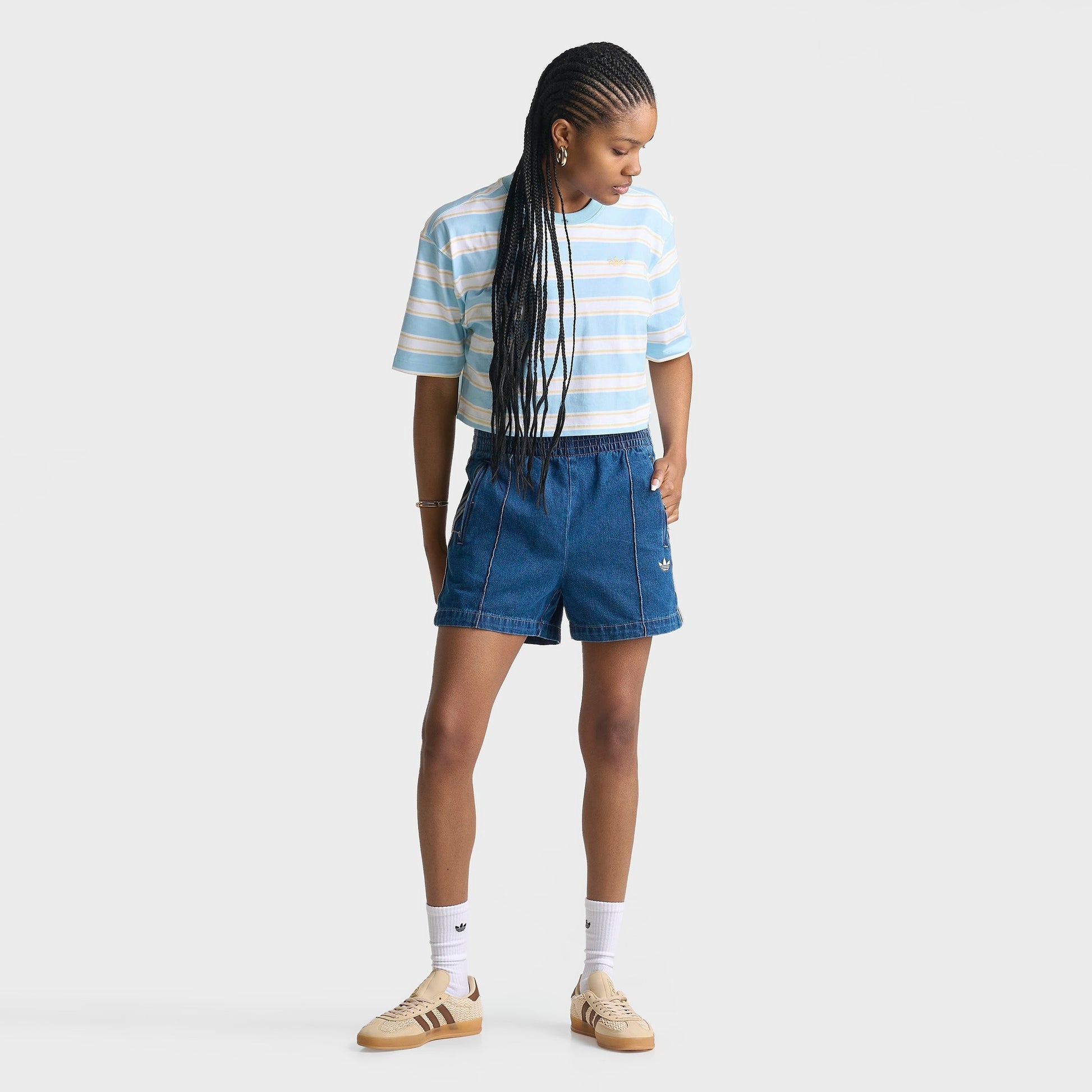 Women's adidas Originals Striped Oversized Cropped T-Shirt - Icey Blue/Orange Tint