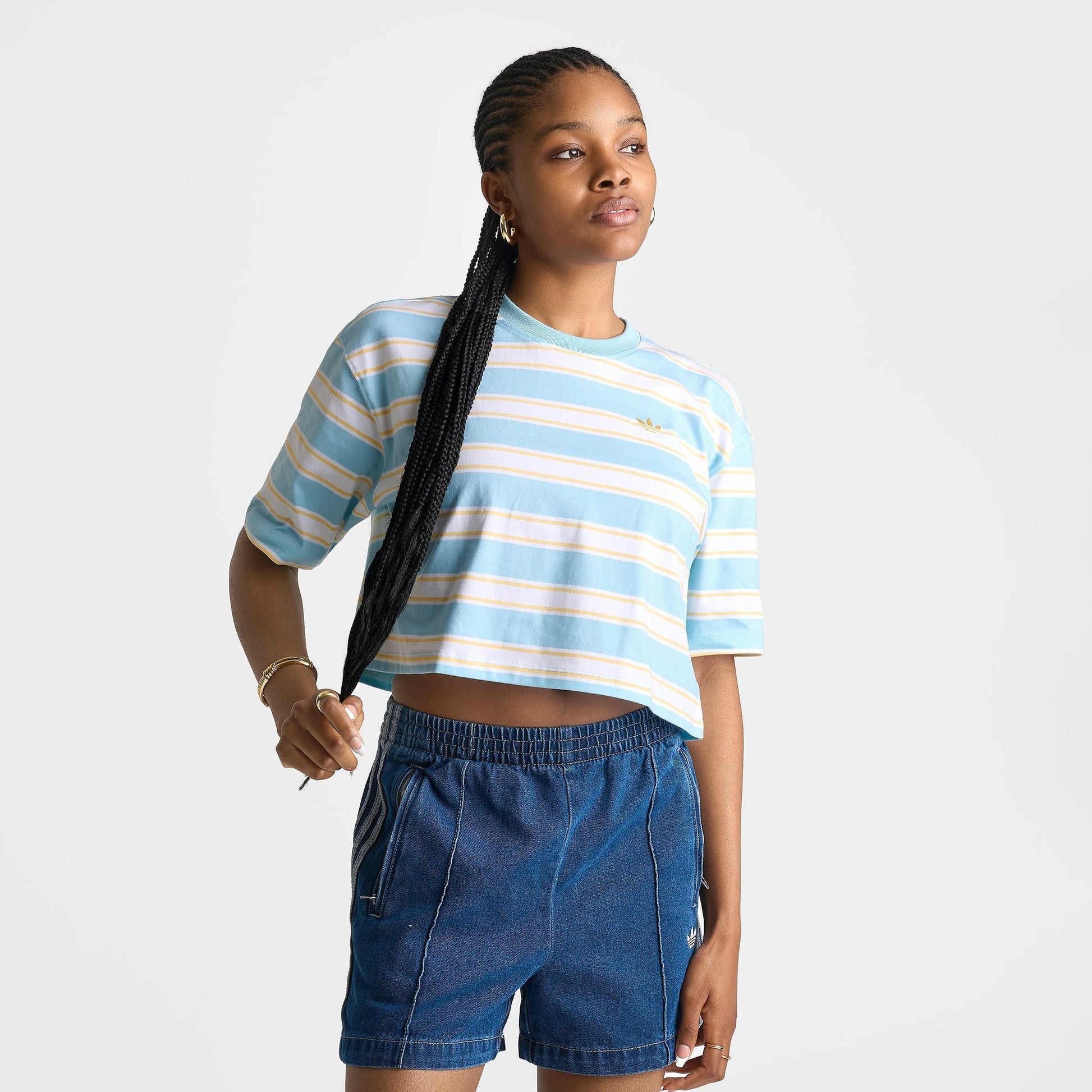 Women's adidas Originals Striped Oversized Cropped T-Shirt - Icey Blue/Orange Tint