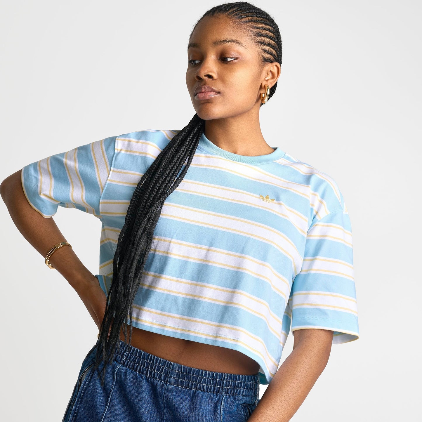 Women's adidas Originals Striped Oversized Cropped T-Shirt - Icey Blue/Orange Tint