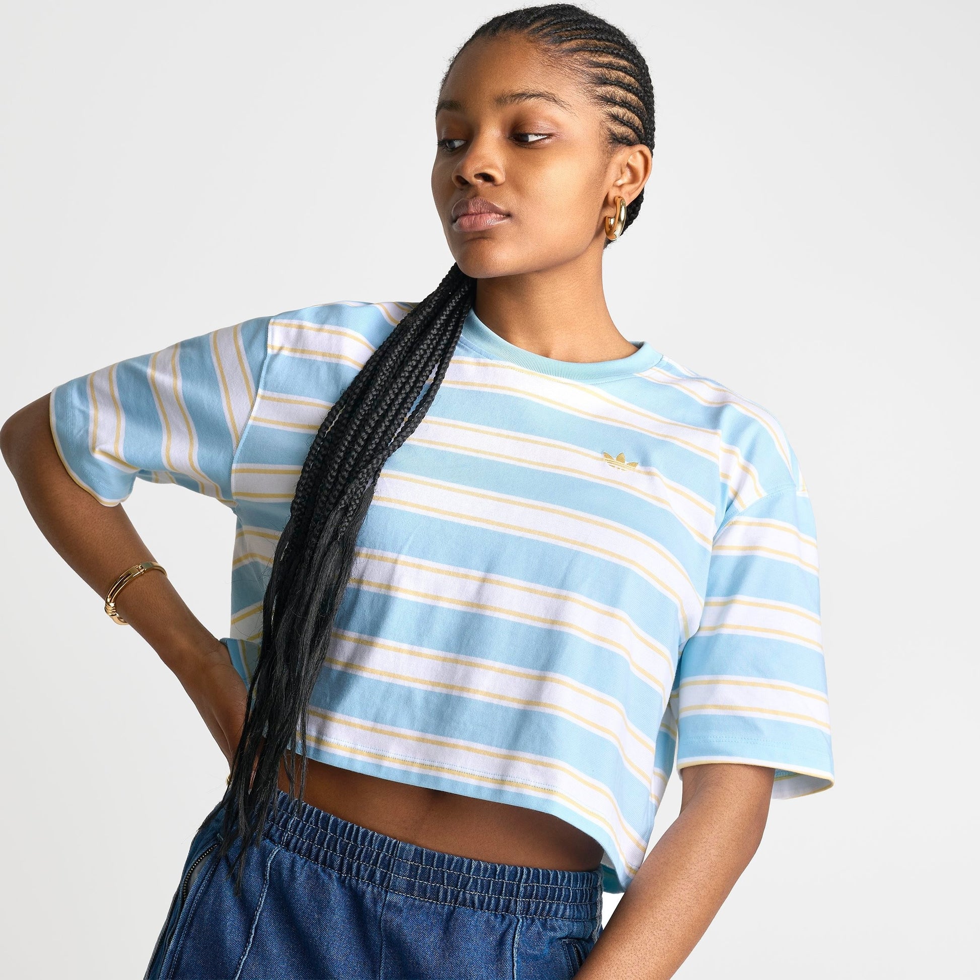 Women's adidas Originals Striped Oversized Cropped T-Shirt - Icey Blue/Orange Tint
