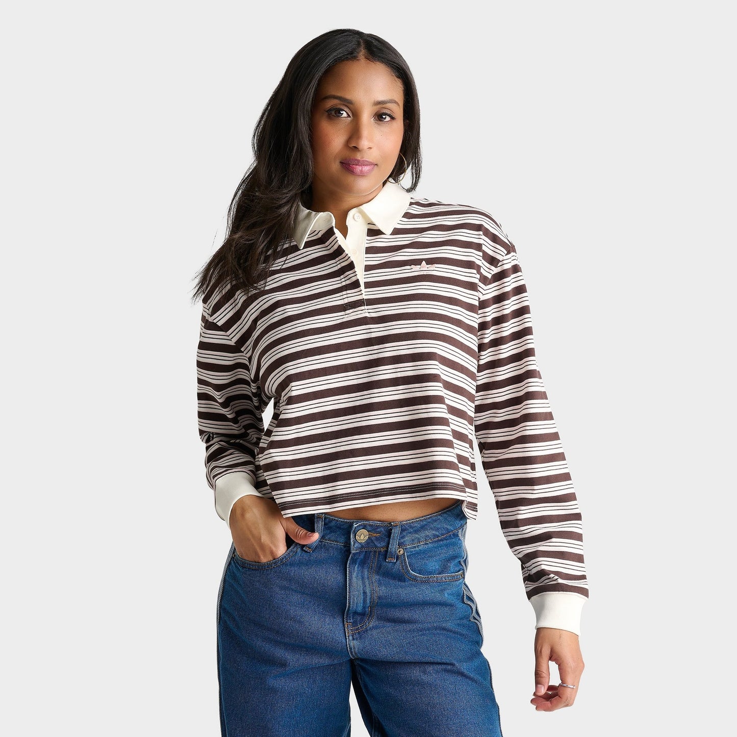 Women's adidas Originals Striped OVZD Long-Sleeve Polo T-Shirt - Aurora Coffee/Sandy Brown
