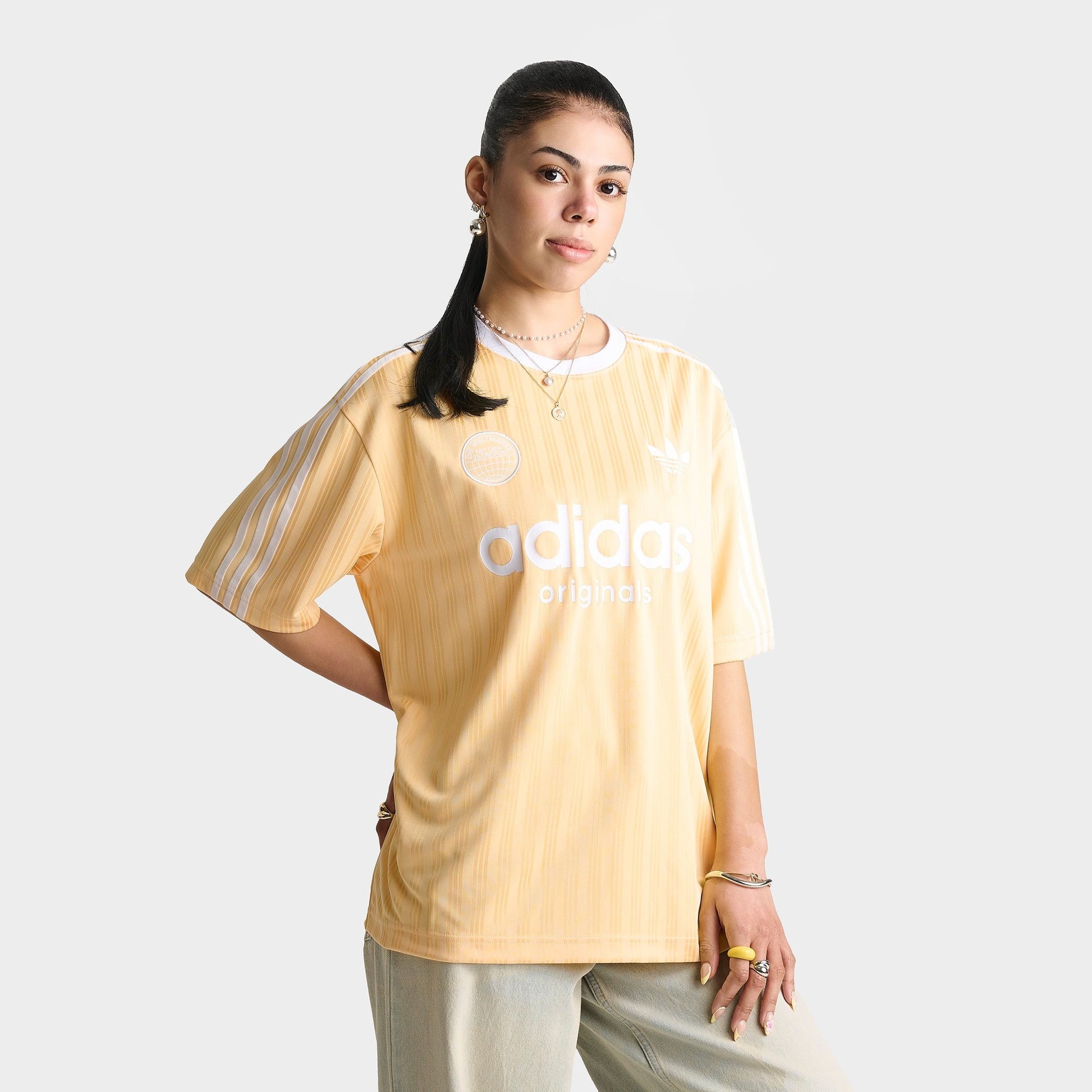 Women's adidas Originals 3 Stripes Oversized Soccer Jersey T-Shirt - Orange Tint