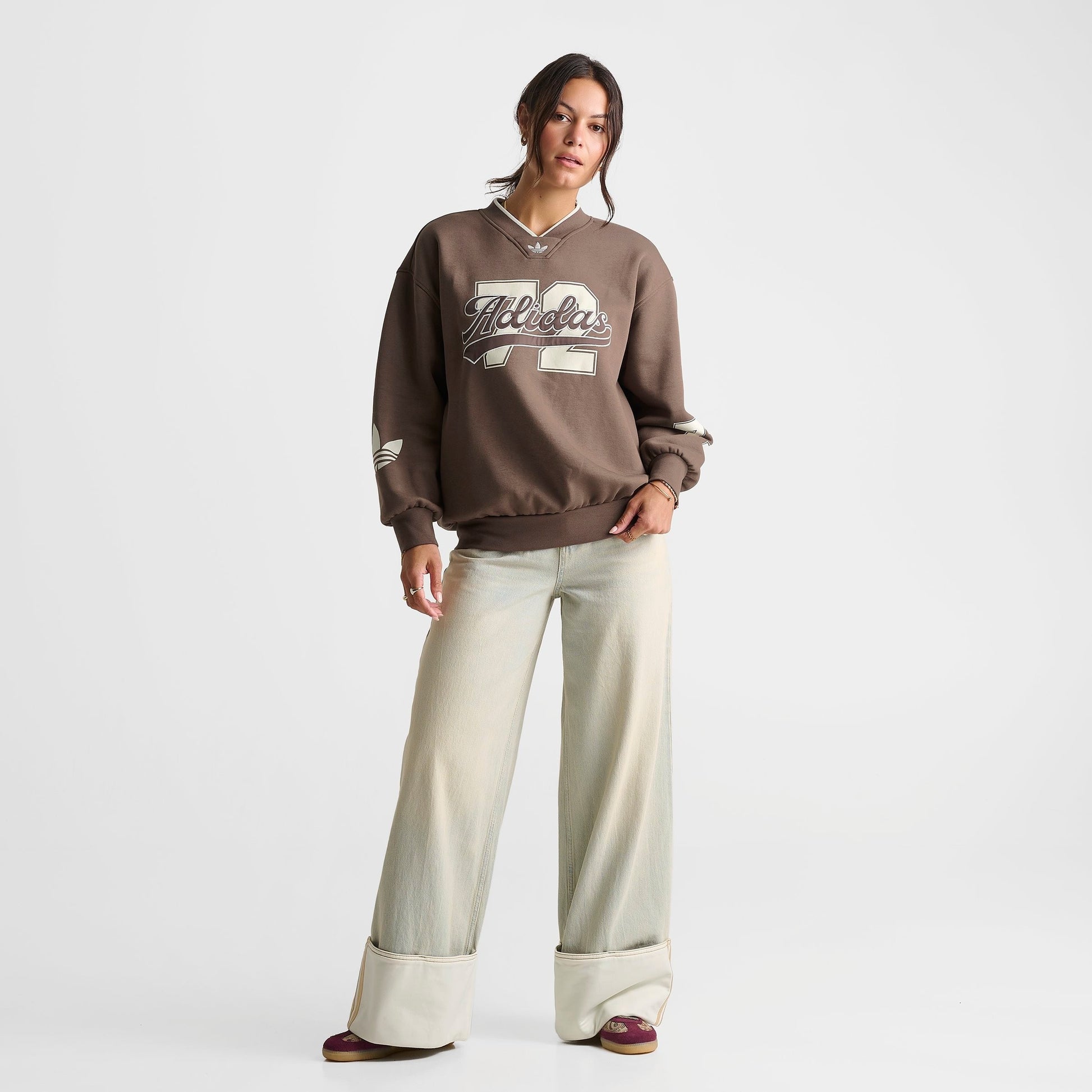 Women's adidas Originals V-Neck Baseball Crew Sweatshirt - Earth Strata