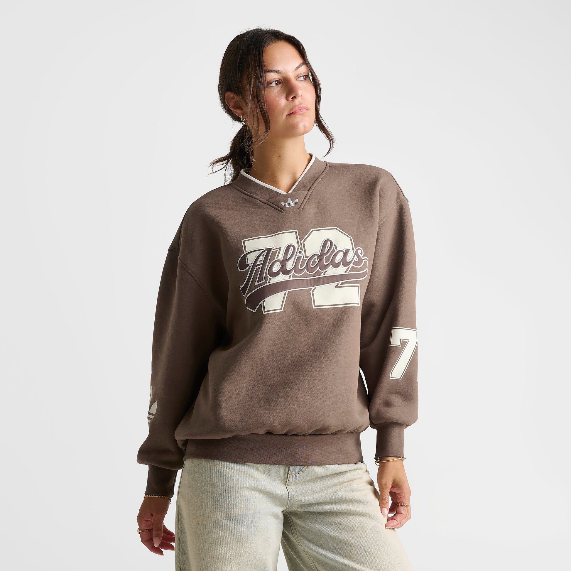 Women's adidas Originals V-Neck Baseball Crew Sweatshirt - Earth Strata