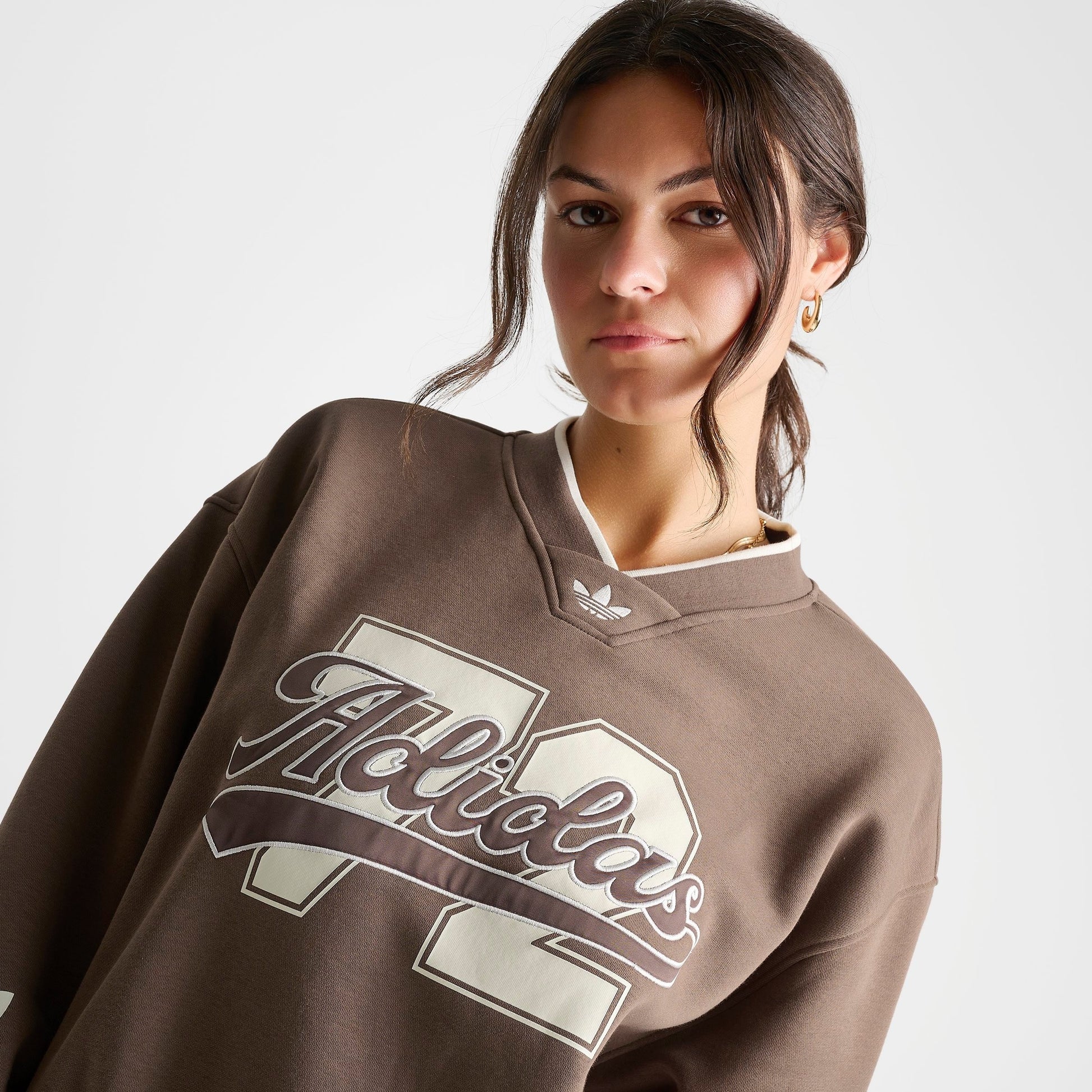 Women's adidas Originals V-Neck Baseball Crew Sweatshirt - Earth Strata