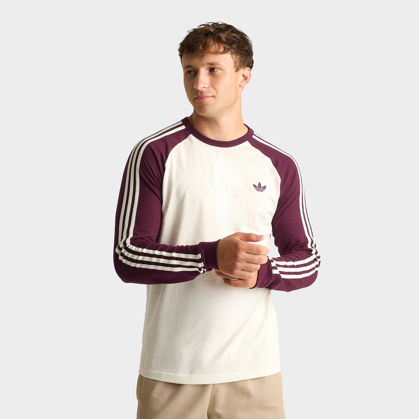 Men's adidas Originals 3-Stripes Long-Sleeve T-Shirt - Off White/Maroon