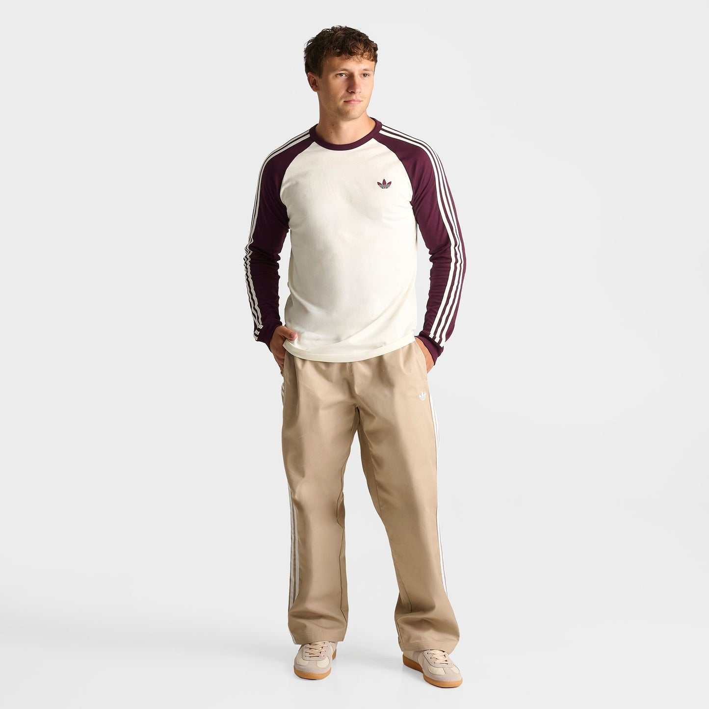 Men's adidas Originals 3-Stripes Long-Sleeve T-Shirt - Off White/Maroon
