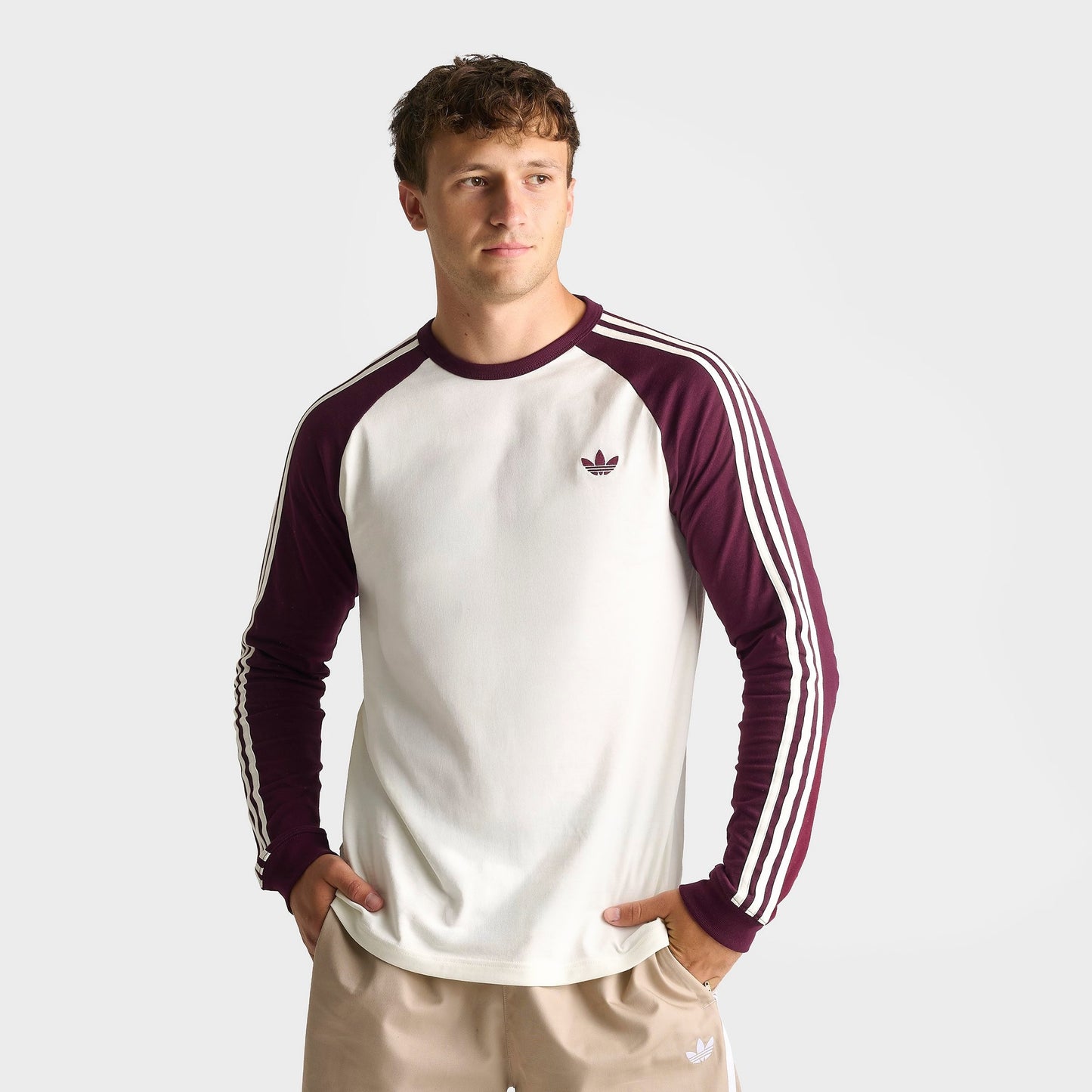 Men's adidas Originals 3-Stripes Long-Sleeve T-Shirt - Off White/Maroon
